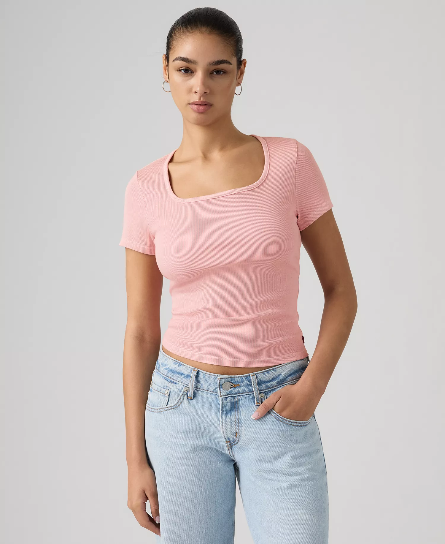 Women's Essential Square Neck T-Shirt - Garment Dye Fa191913 Coral Blush - L