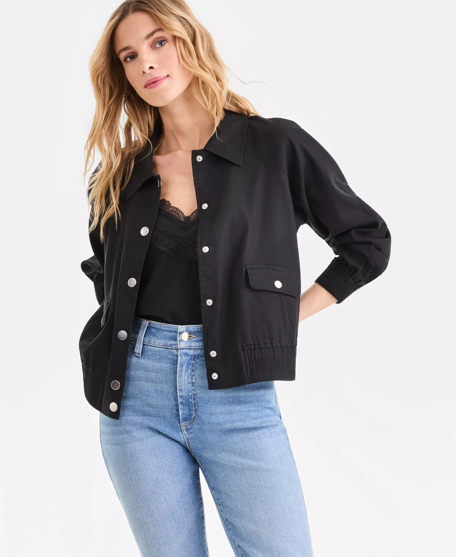 Women's Linen-Blend Bomber Jacket, Macy's Exclusive - Deep Black - L