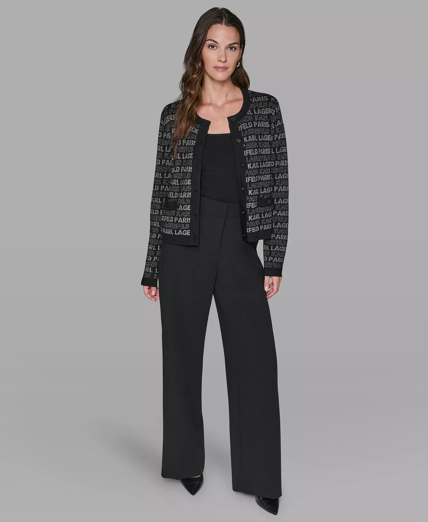 Women's Lurex Logo Cardigan Sweater - Black/Gunmetal - XS