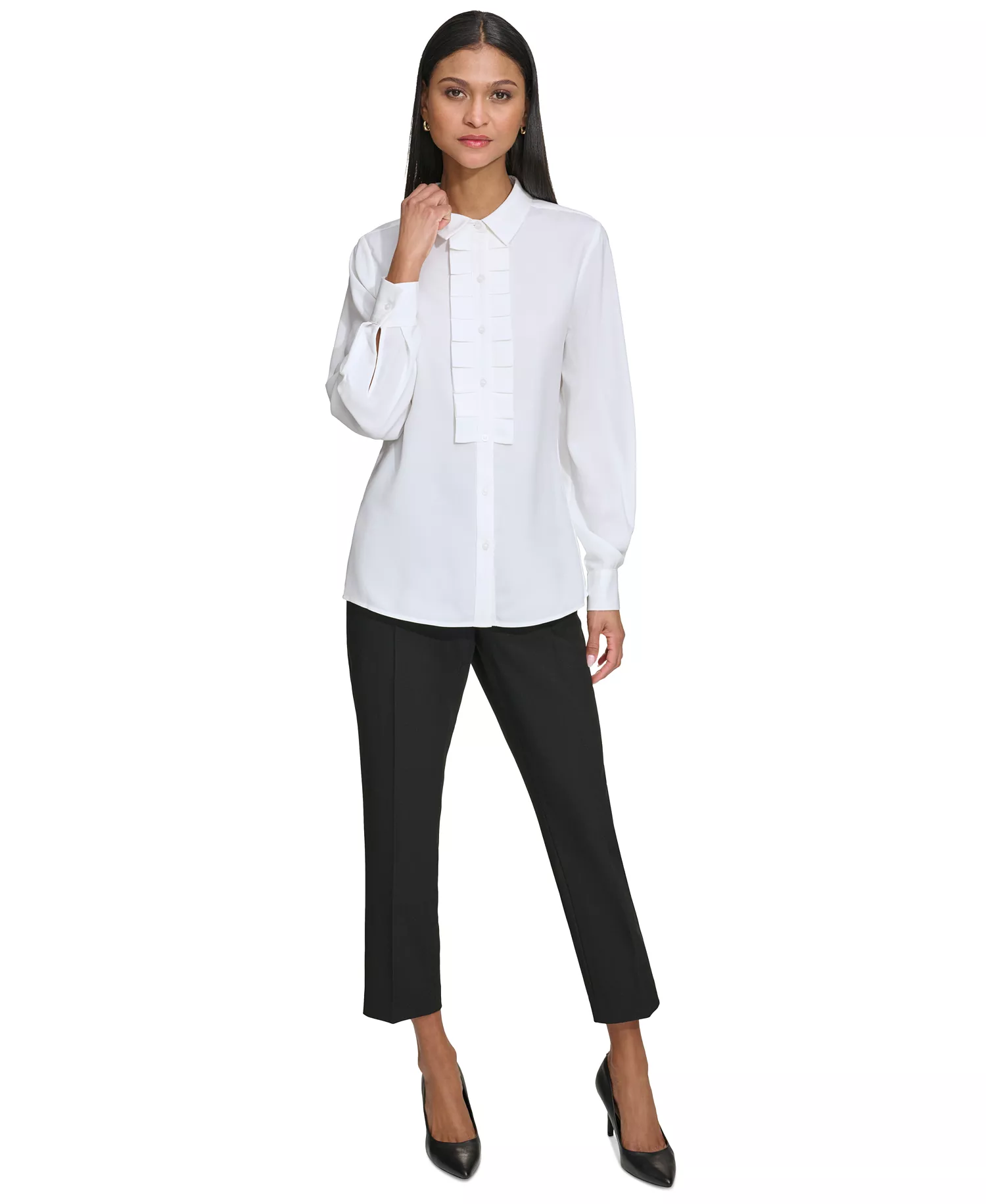 Karl Lagerfeld Women's Collared Pleat-Front Long-Sleeve Top - Soft White - L