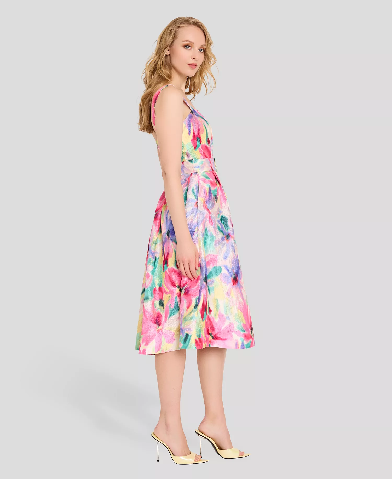 Women's Crinkle Belted Square Neck Midi Dress - Ivory Multi - 10