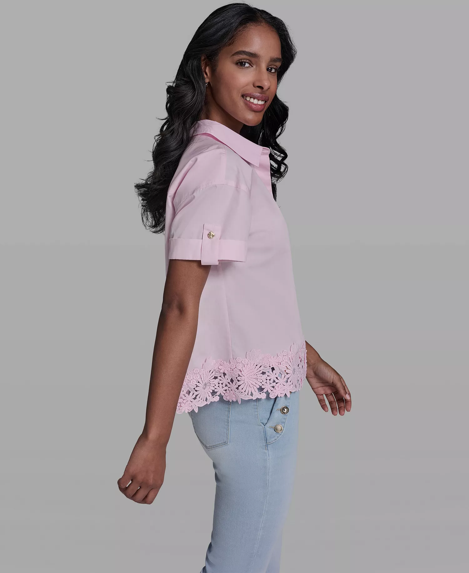 Women's Collared Lace-Trimmed Short-Sleeve Blouse - Ballet Slipper - L