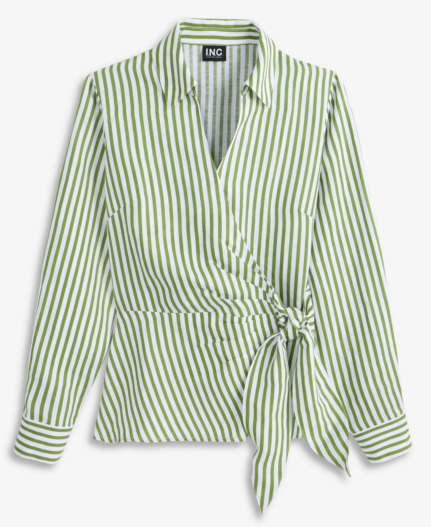 Women's Long Sleeve Striped Linen Tie-Front Collared Shirt, Macy's Exclusive - Lora Green Stripe - L