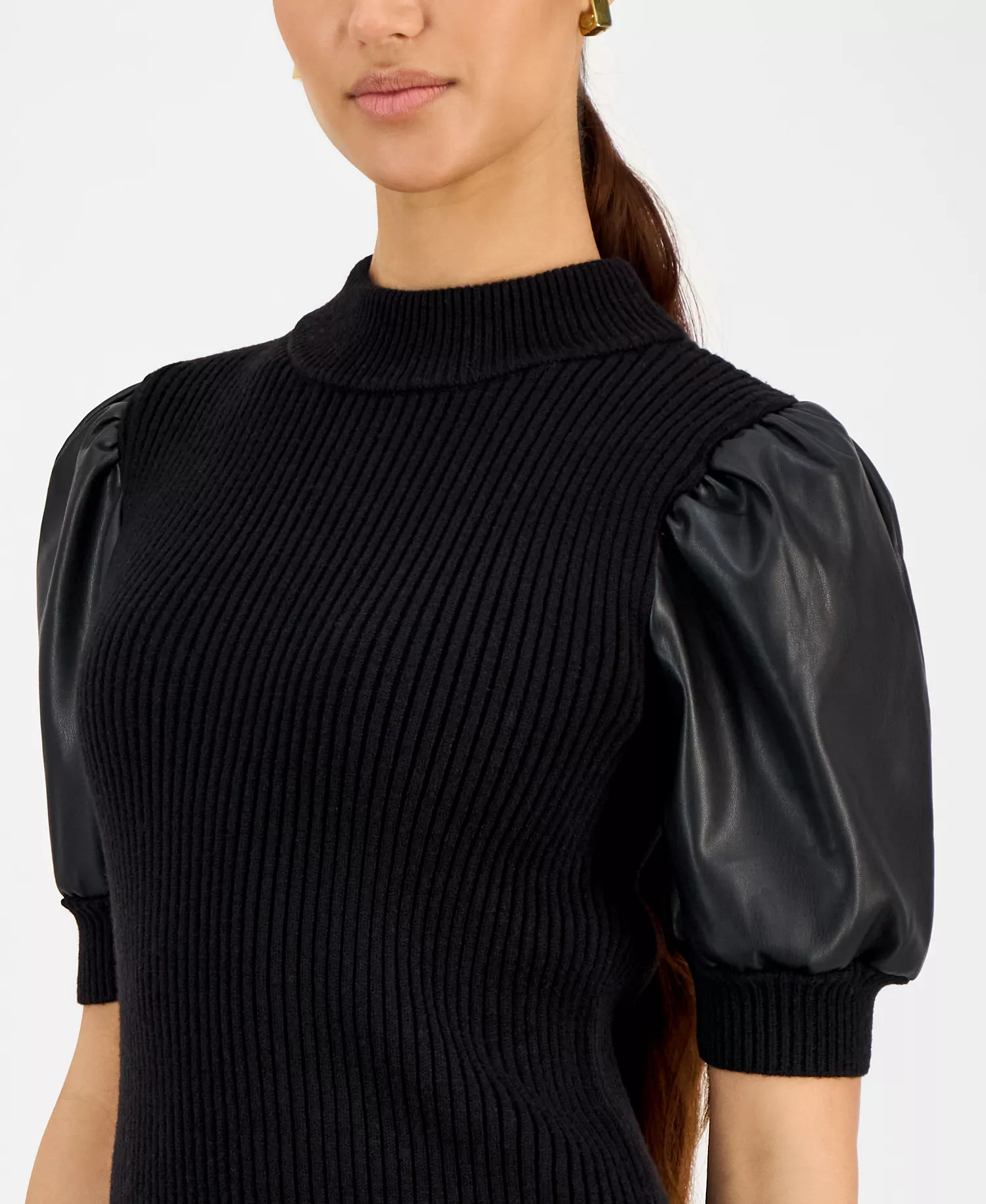 Women's Ribbed Faux-Leather-Sleeve Top - Black - L