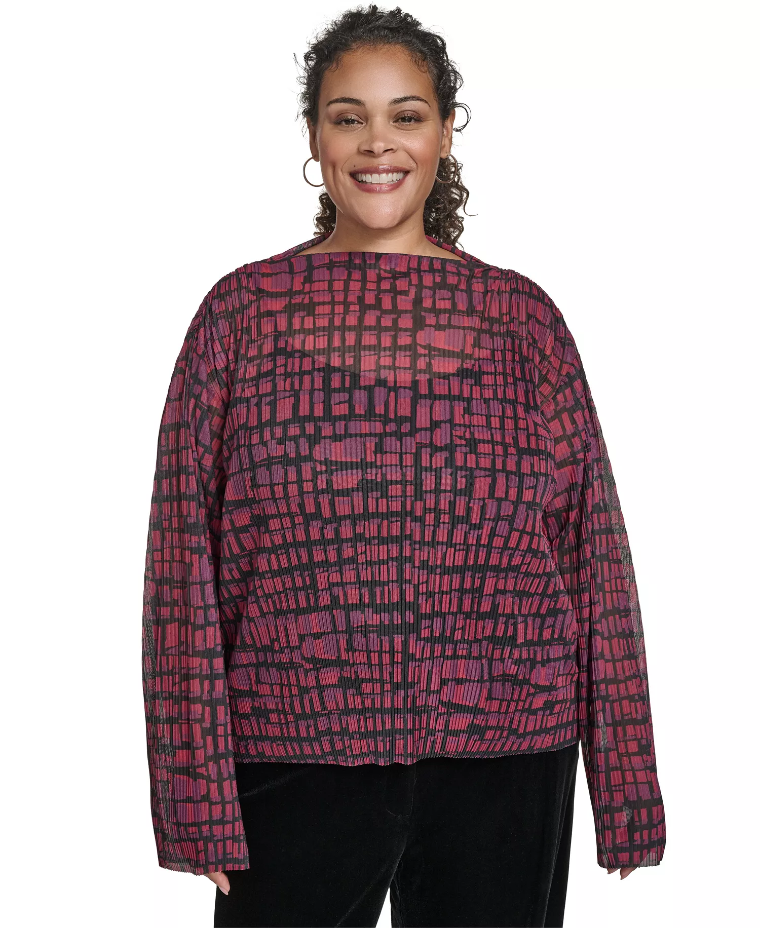 Plus Size Printed Long Sleeves Top - Cranberry Multi - 1X