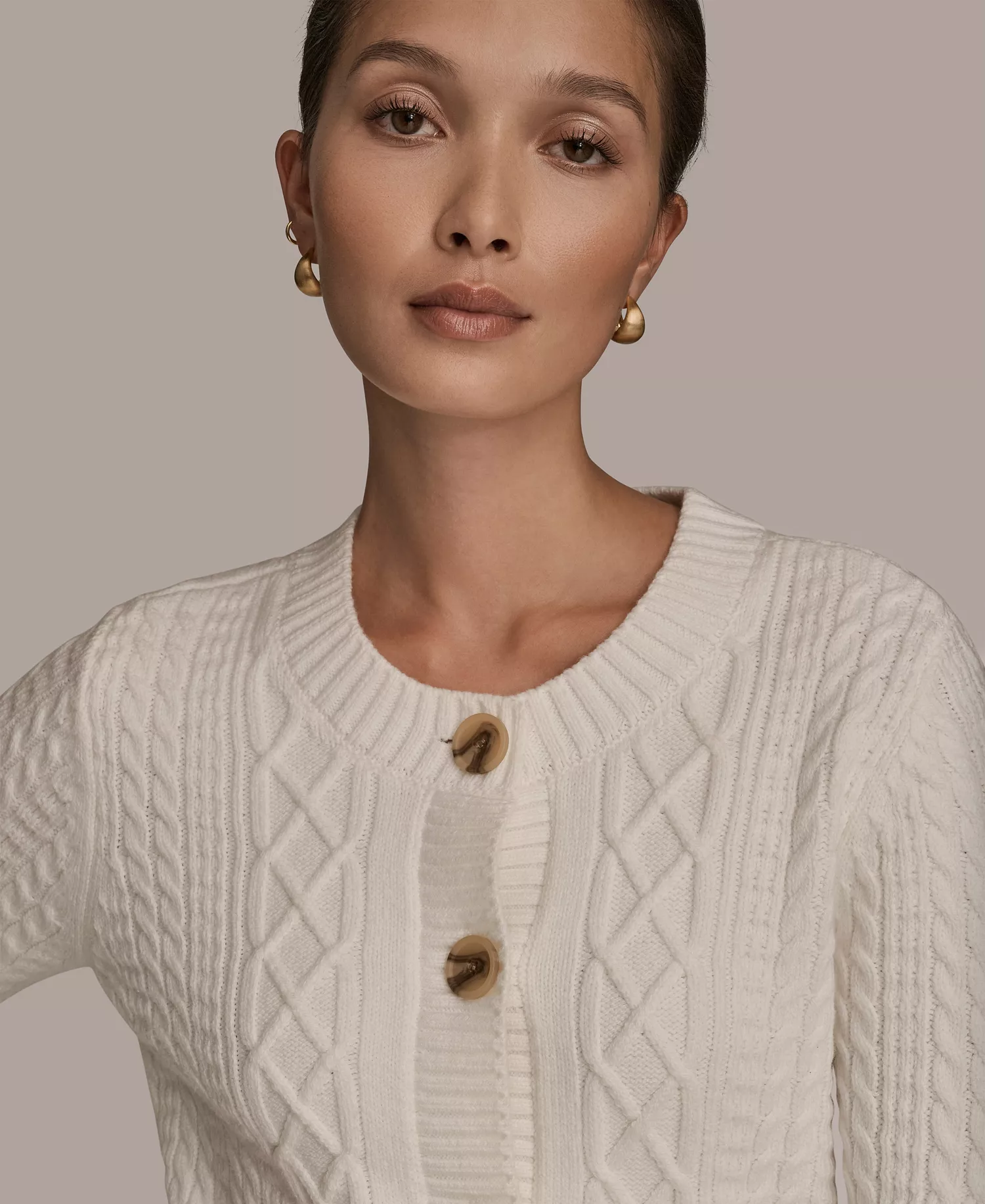 Women's Long Sleeve Button Front Mixed Cable Cardigan - Cream - L