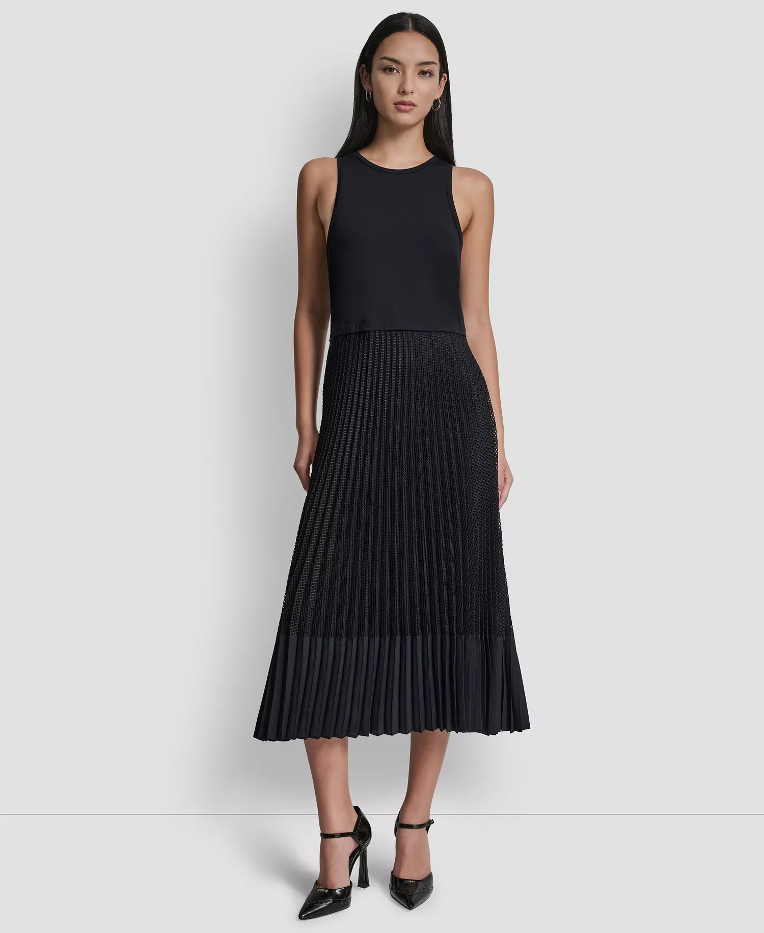 Women's Pleated Crewneck Window Pane Dress - Night - L