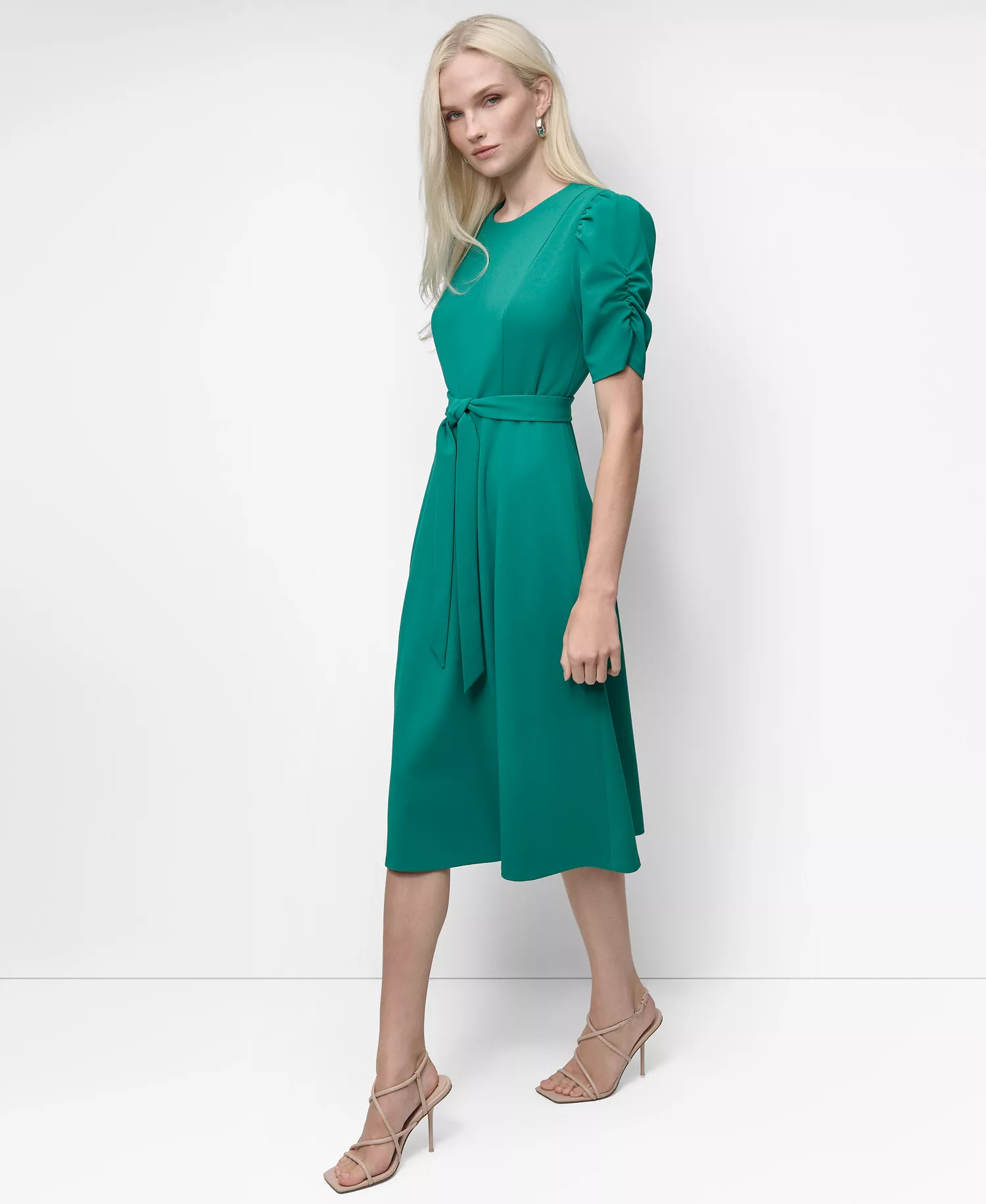 Women's Short-Sleeve Scuba Crepe Belted Fit and Flare Midi Dress - Meadow - 6