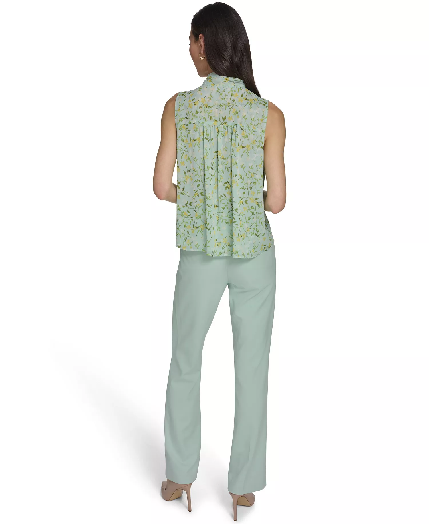 Women's Floral Vine Pintuck Top - Harbor Gray/Sunshine - L