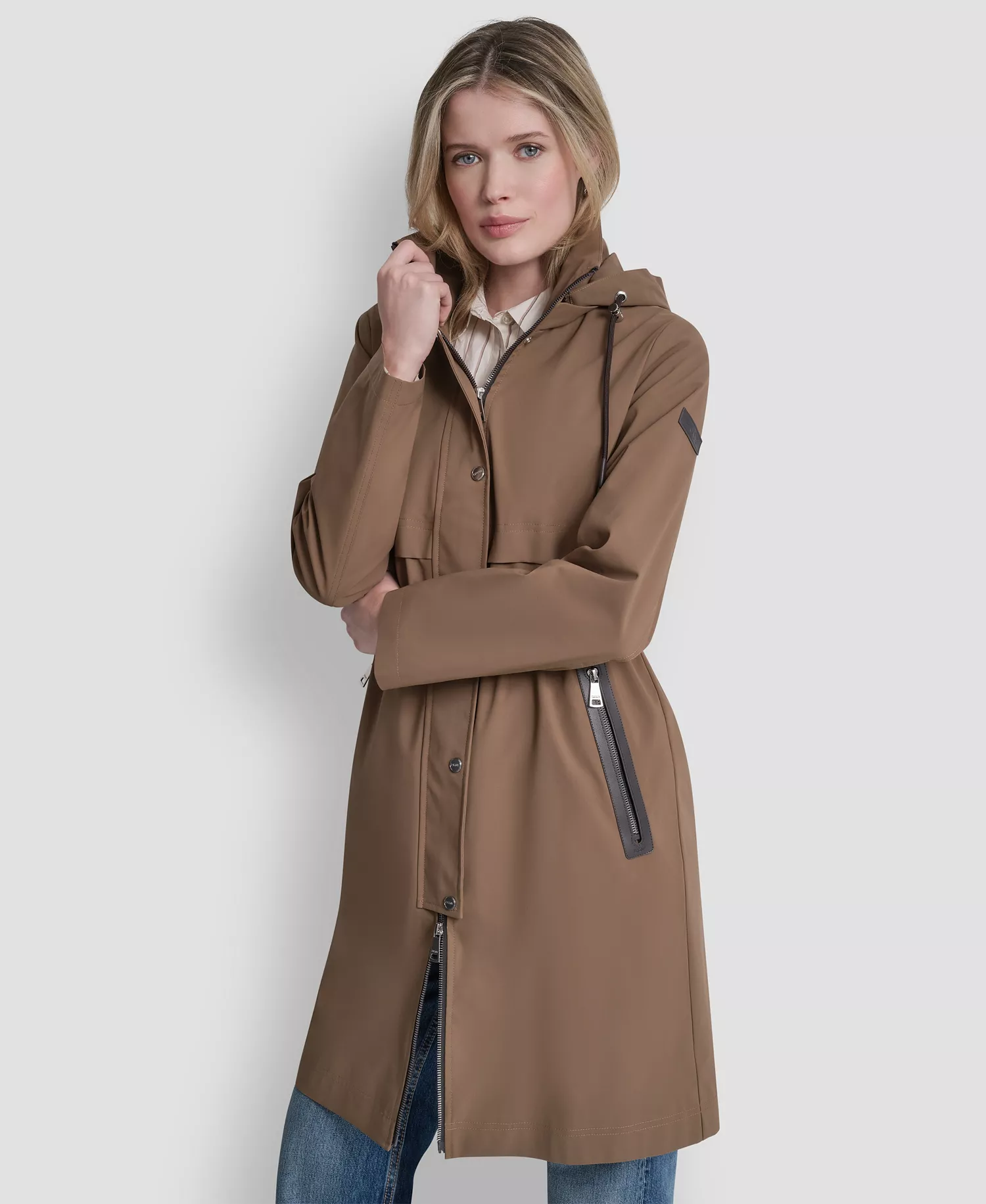 Women's Pleather Trim Anorak Rain Coat - Mocha - L