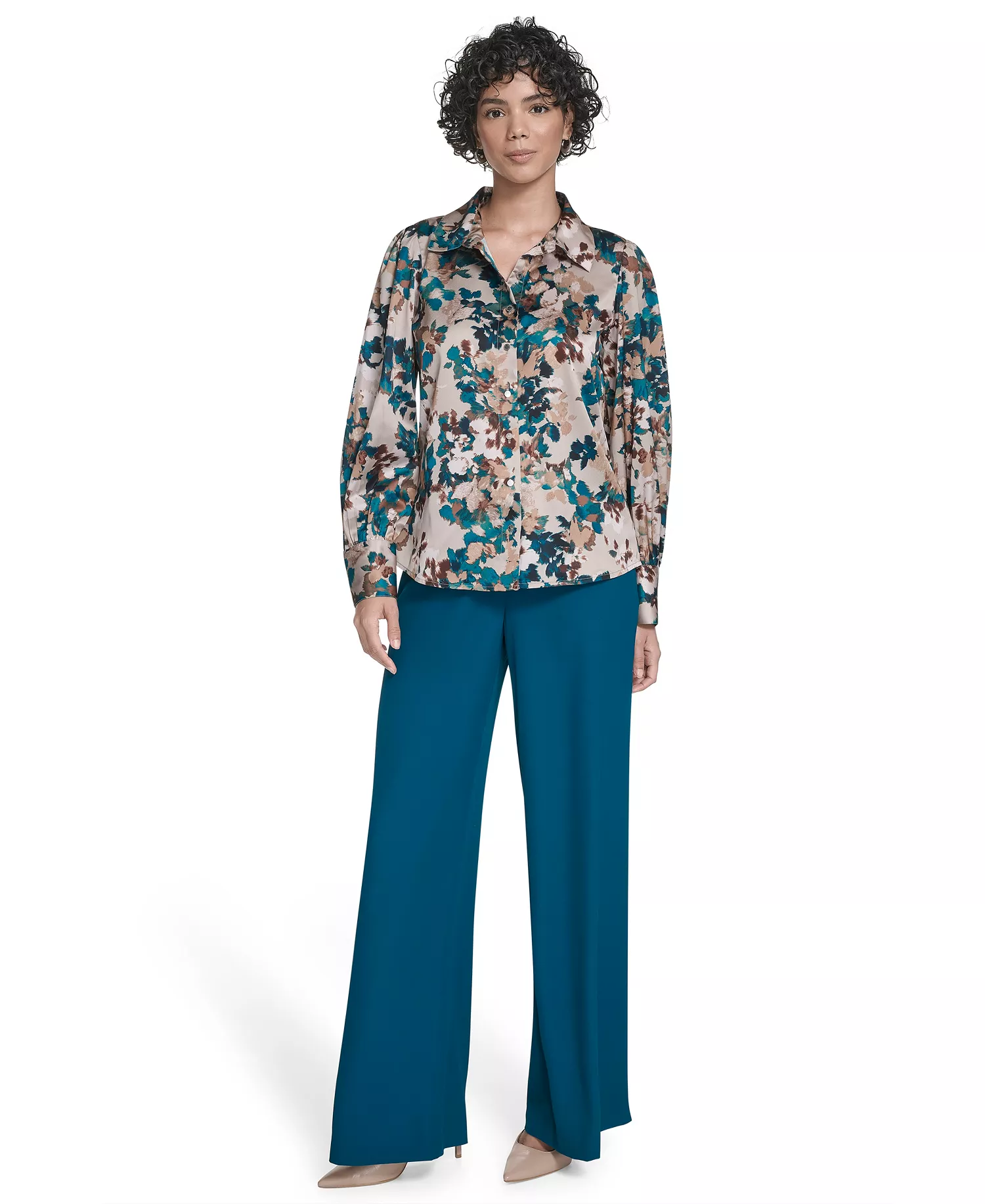 Petite Printed Long Sleeves Top - Latte Multi - P/S