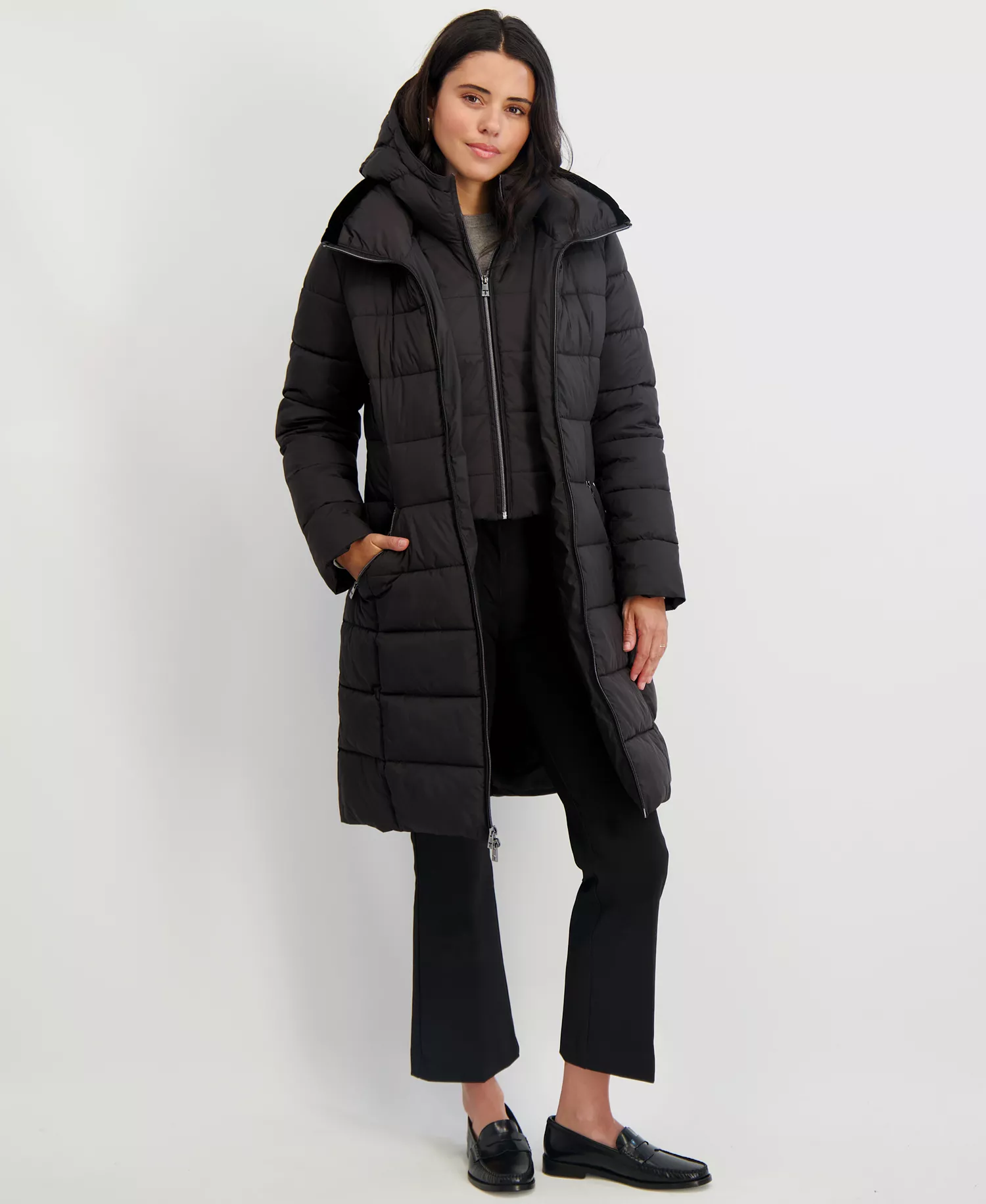 Women's Hooded Bibbed Puffer Coat - Black - L