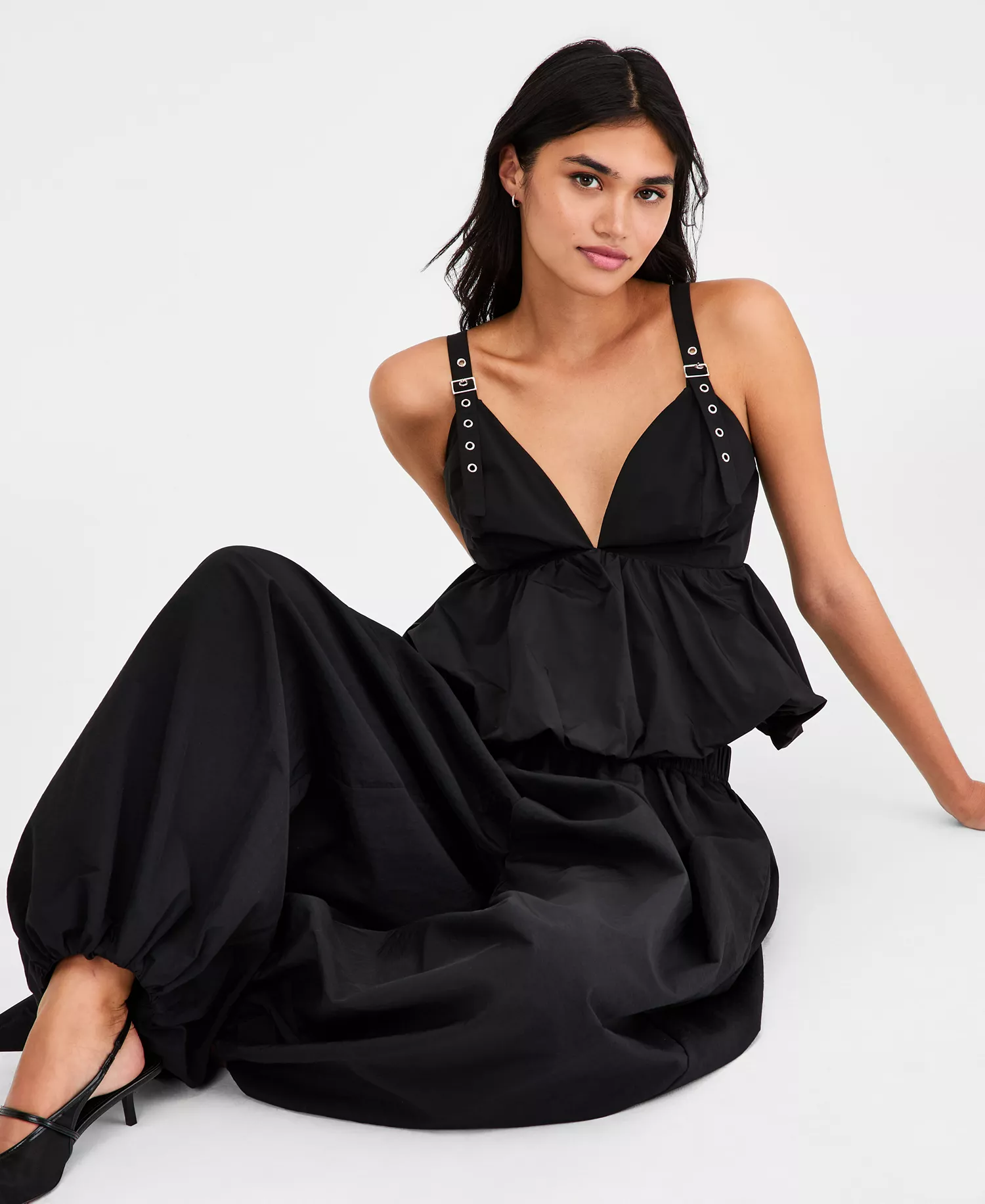 Women's Nylon Peplum Bubble Top, Macy's Exclusive - Black - L