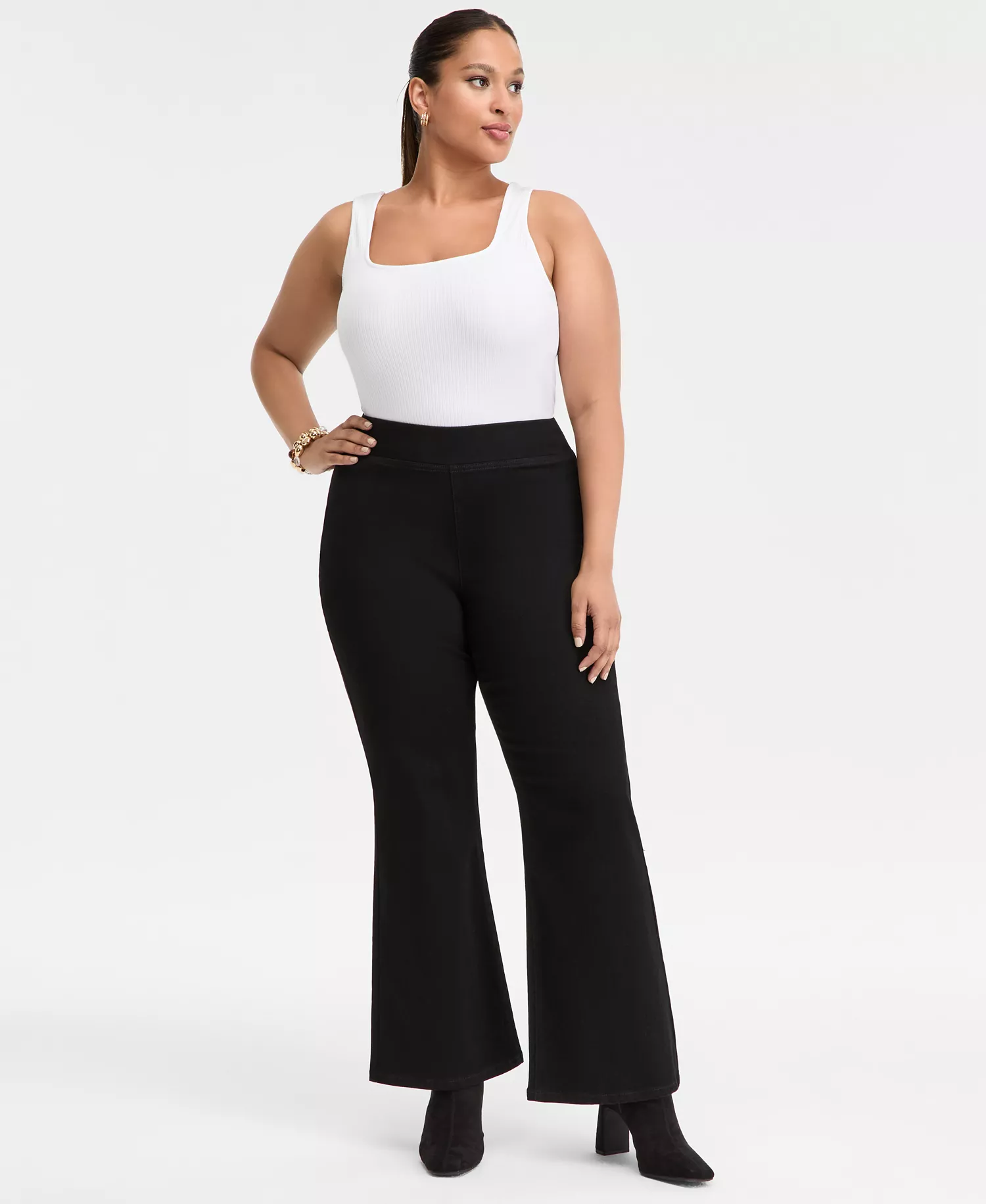 Plus Size High-Rise Pull-On Flared Jeans, Macy's Exclusive - Deep Black - 14W