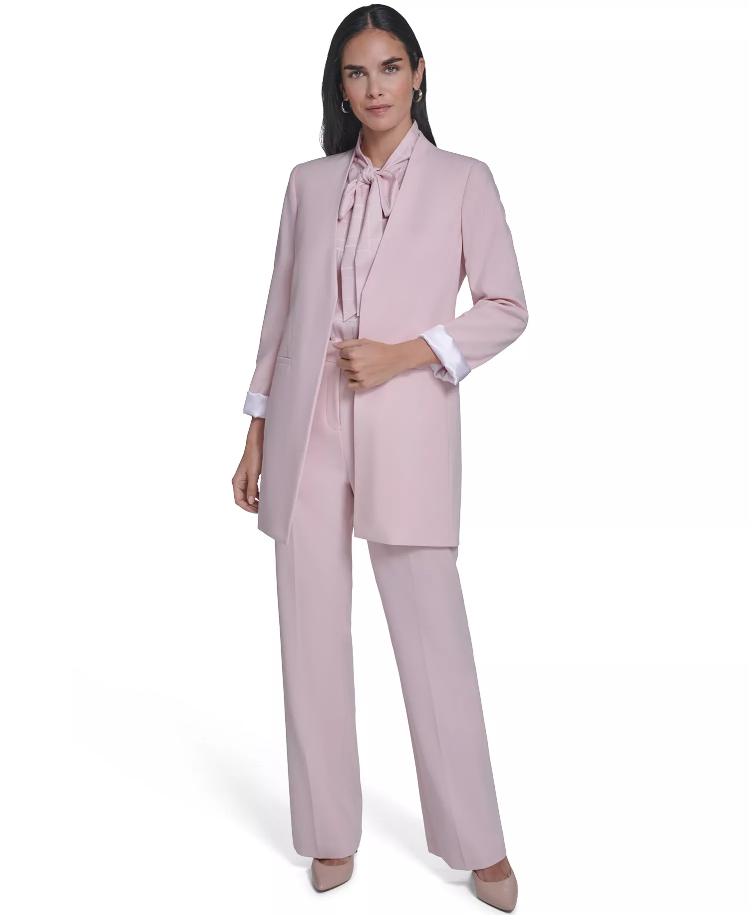 Women's Open-Front Topper Jacket, Sleeveless Tie Neck Blouse, and Modern Fit Straight Pants - Petal - 0