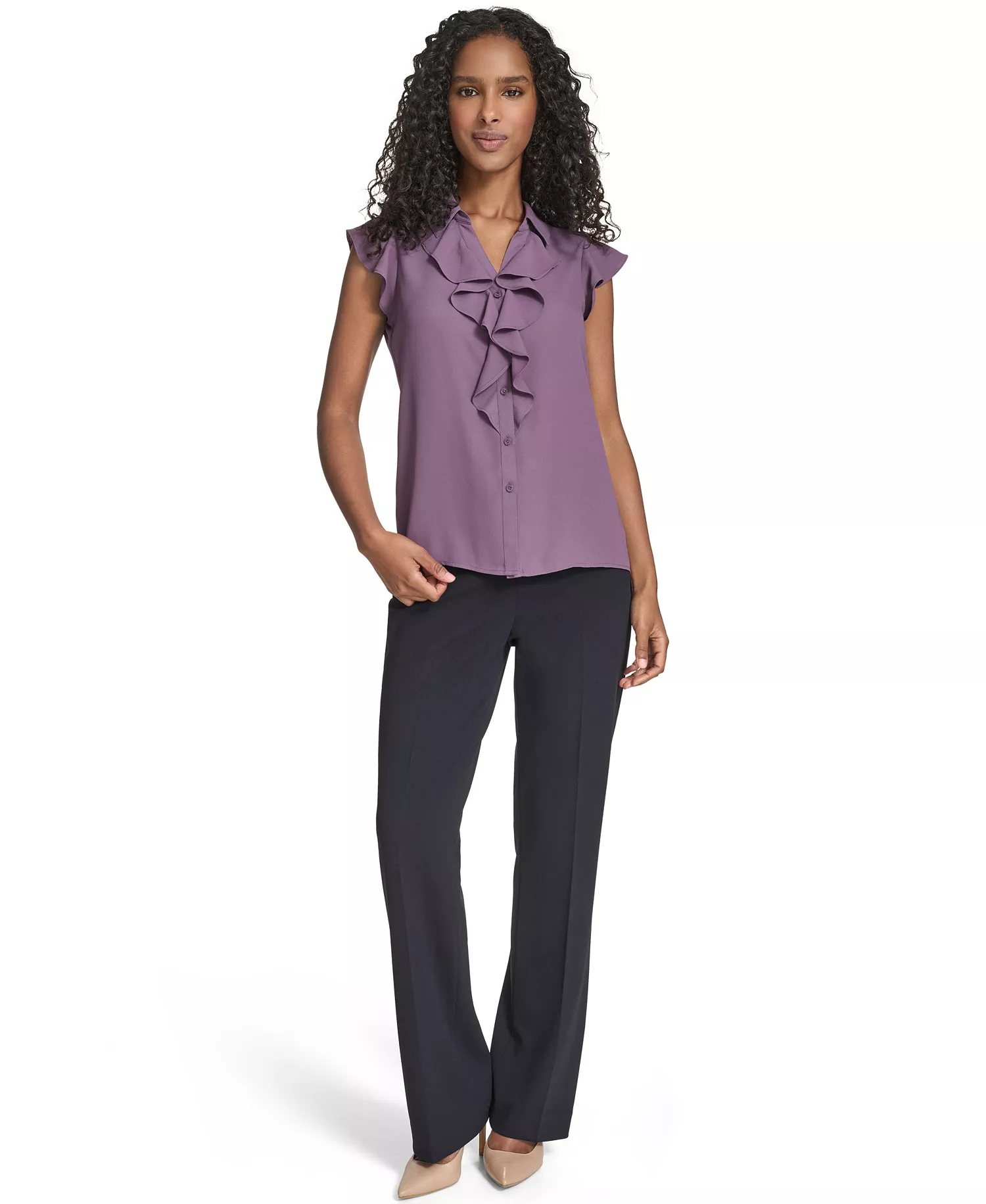 Petite Solid Cap Sleeve Ruffle Front Top - Winter Plum - P/XS