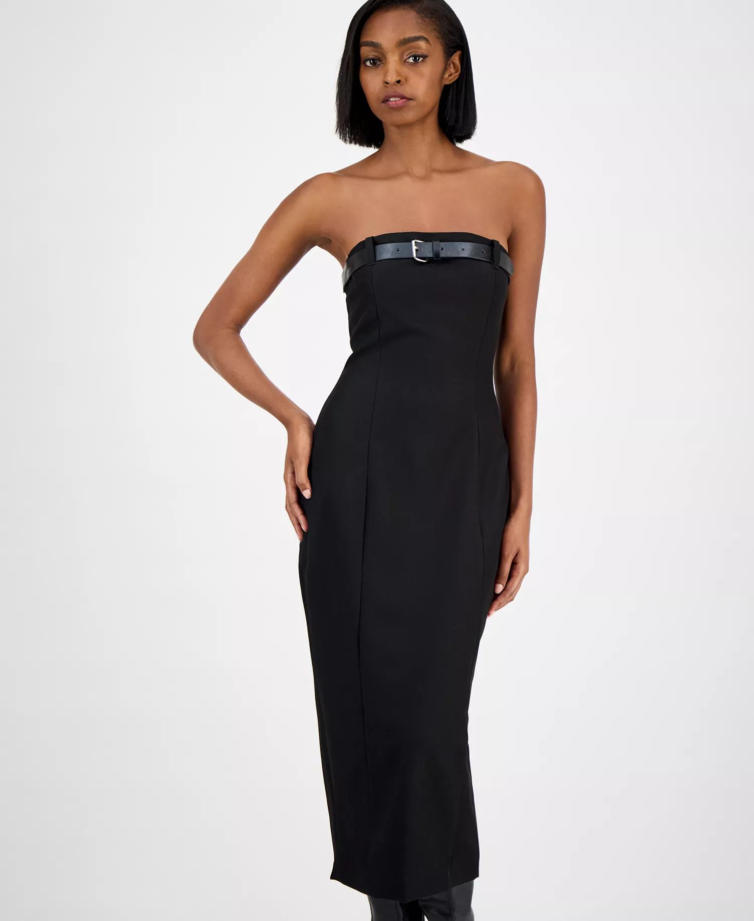 Women's Belted Strapless Midi Dress, Macy's Exclusive - Deep Black - L