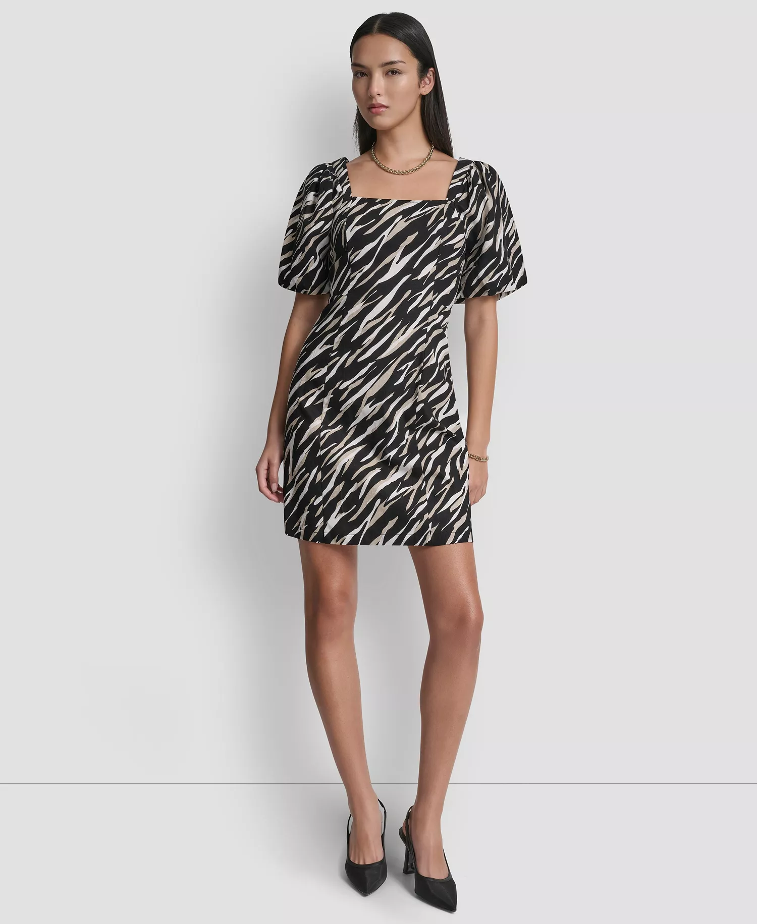 Women's Puff-Sleeve Square Neck Printed Dress - Concrete Animal - L