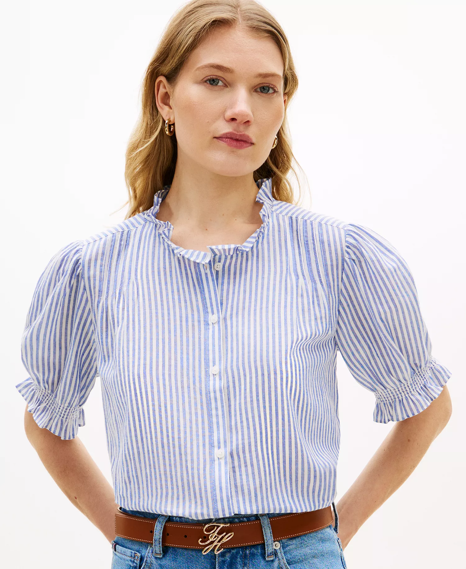 Women's Pin Tuck Cambric Short-Sleeve Blouse - Blue - L