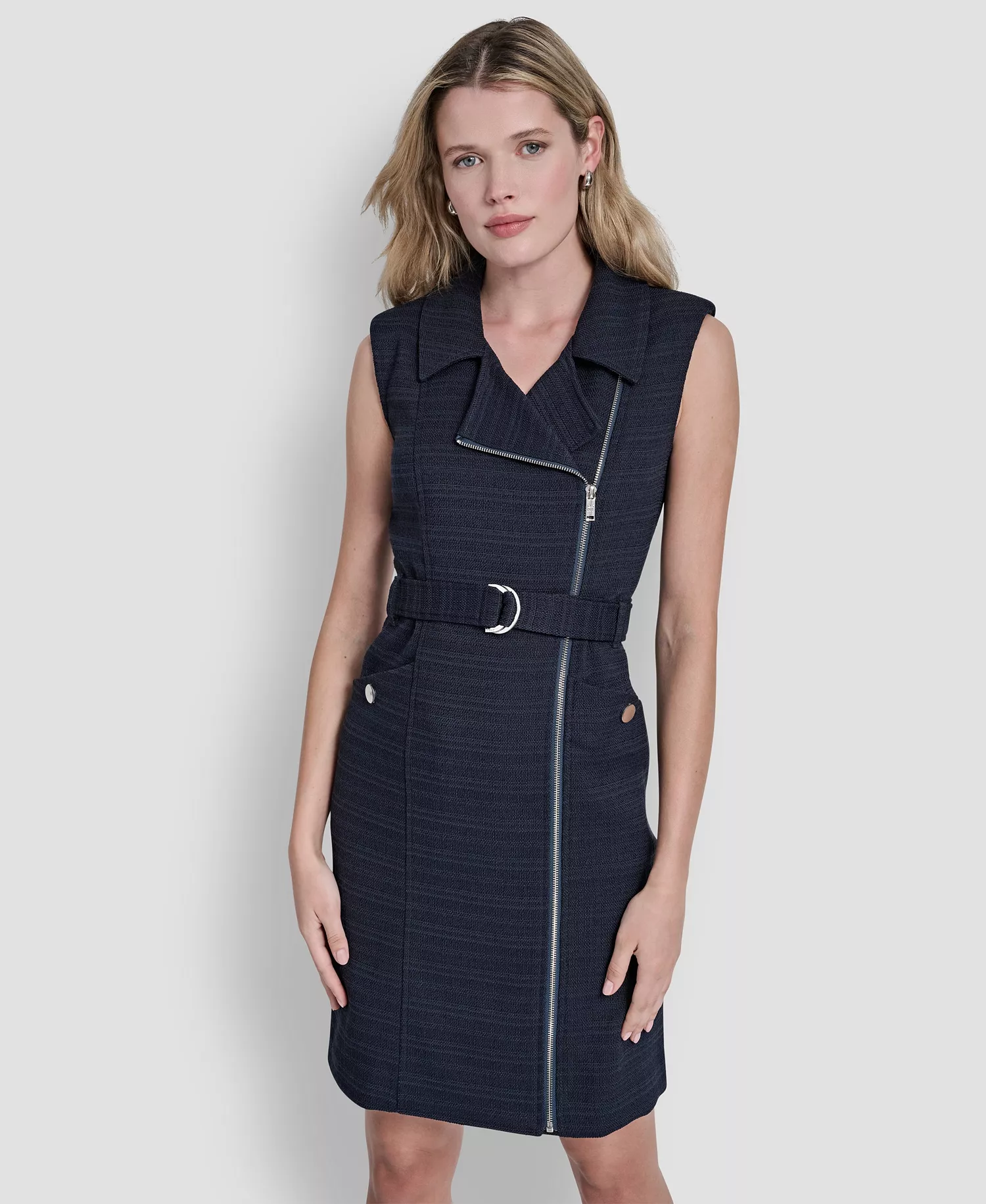 Women's Sleeveless Zipper Front Belted Jacket Dress - Midnight Navy - 10