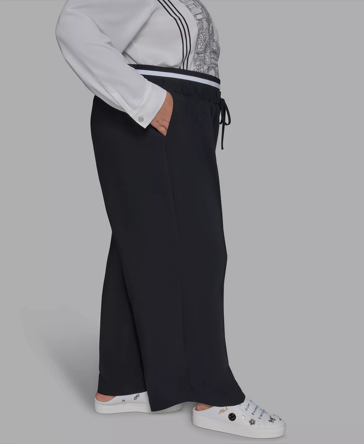 Plus Size Double Waistband Long Casual Pants - Black - 0X