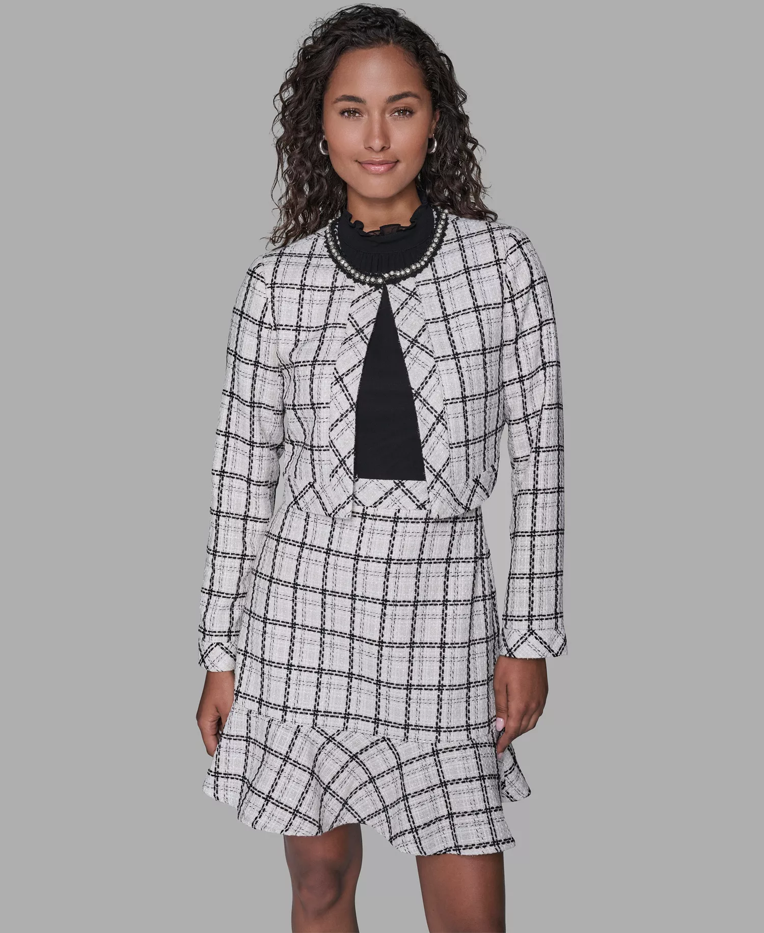 Women's Metallic Glen Plaid Tweed Jacket - Soft White/Black Multi - 10