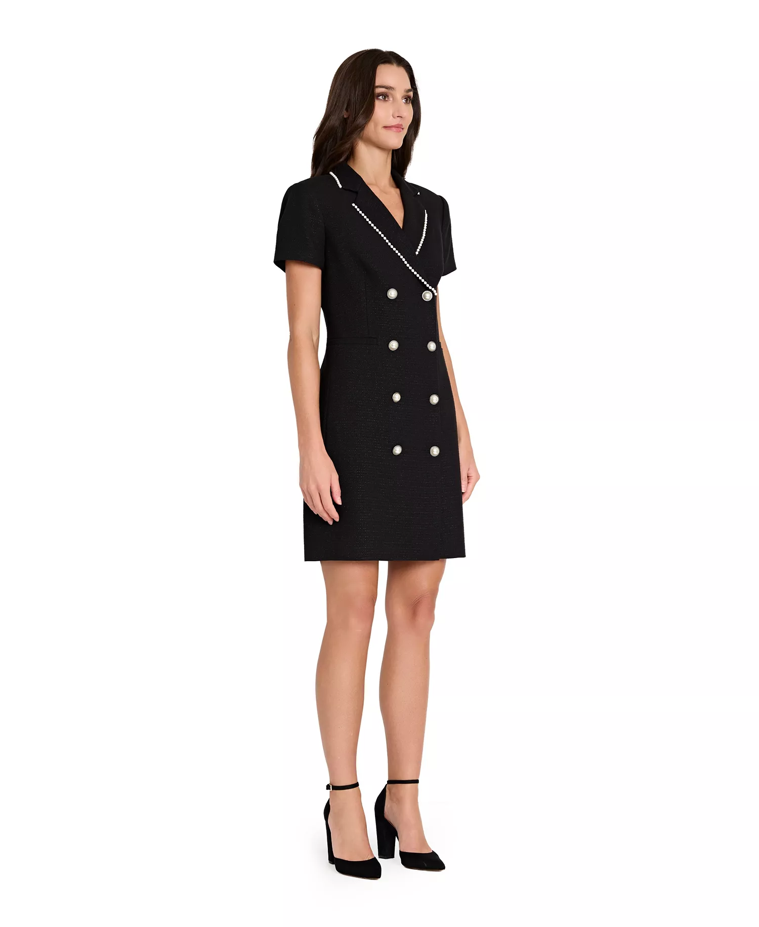 Women's Imitation Pearl Trim Boucle Coat Dress - Black - 16