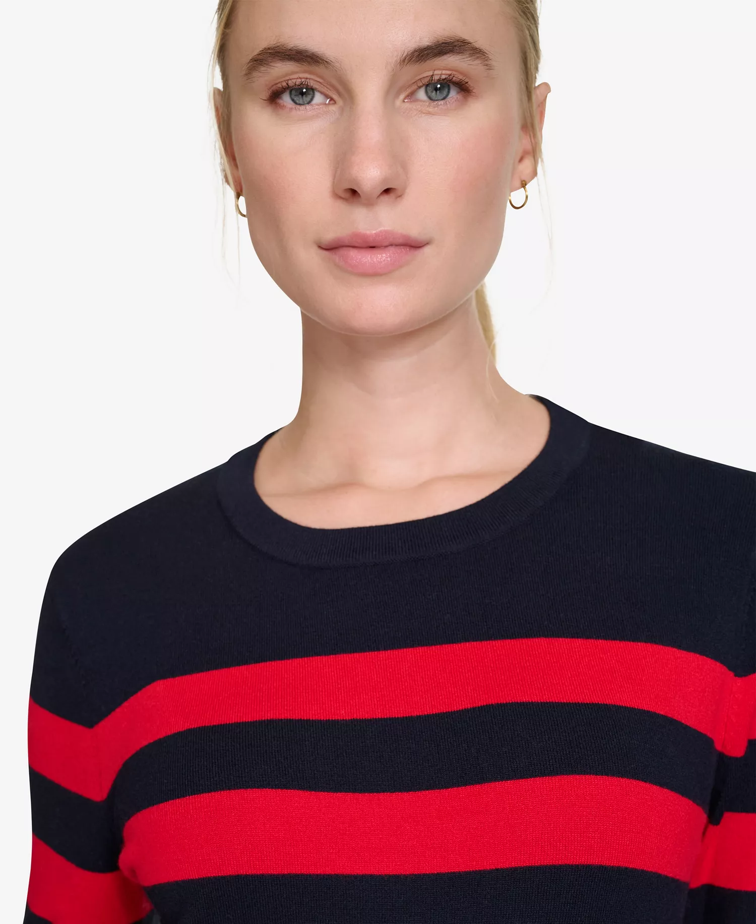 Nautica Women's Crewneck Stripe Sweater with Button Sleeve - Nigh Sky/Regatta Red - XL
