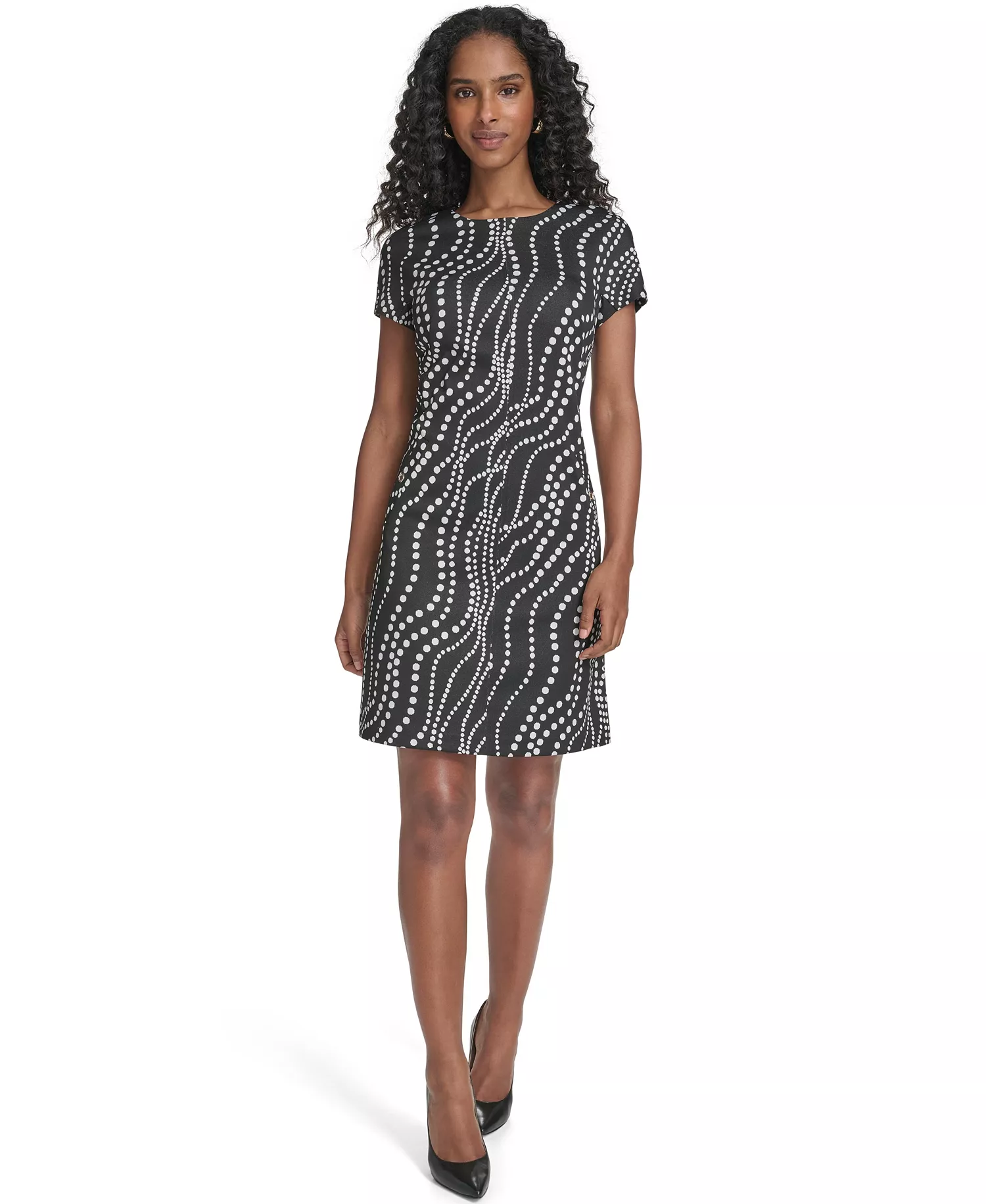 Petite Printed Short-Sleeve Dress - Black/Ivory - 10P