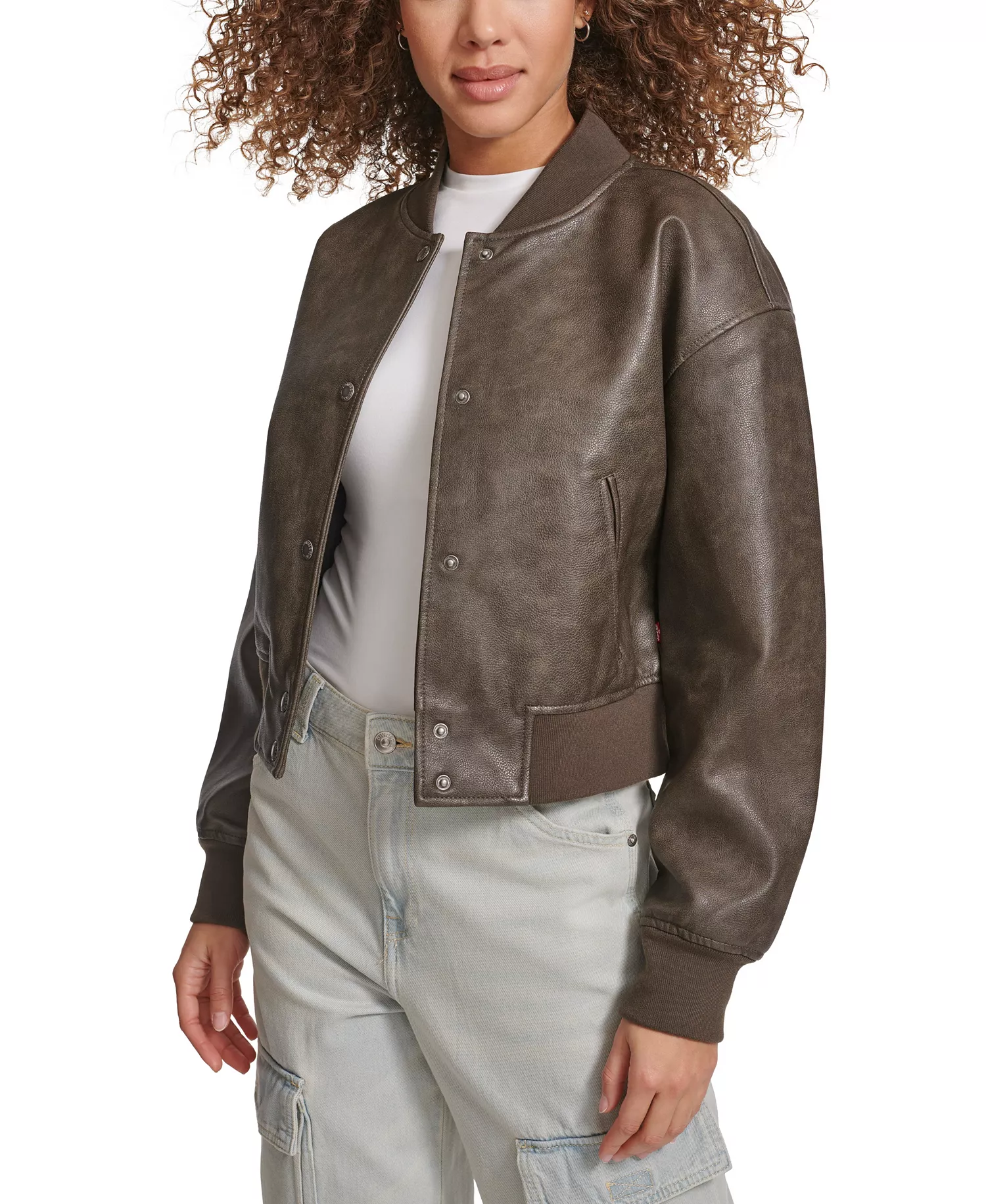 Women's Faux Leather Varsity Bomber Jacket - Ash - L