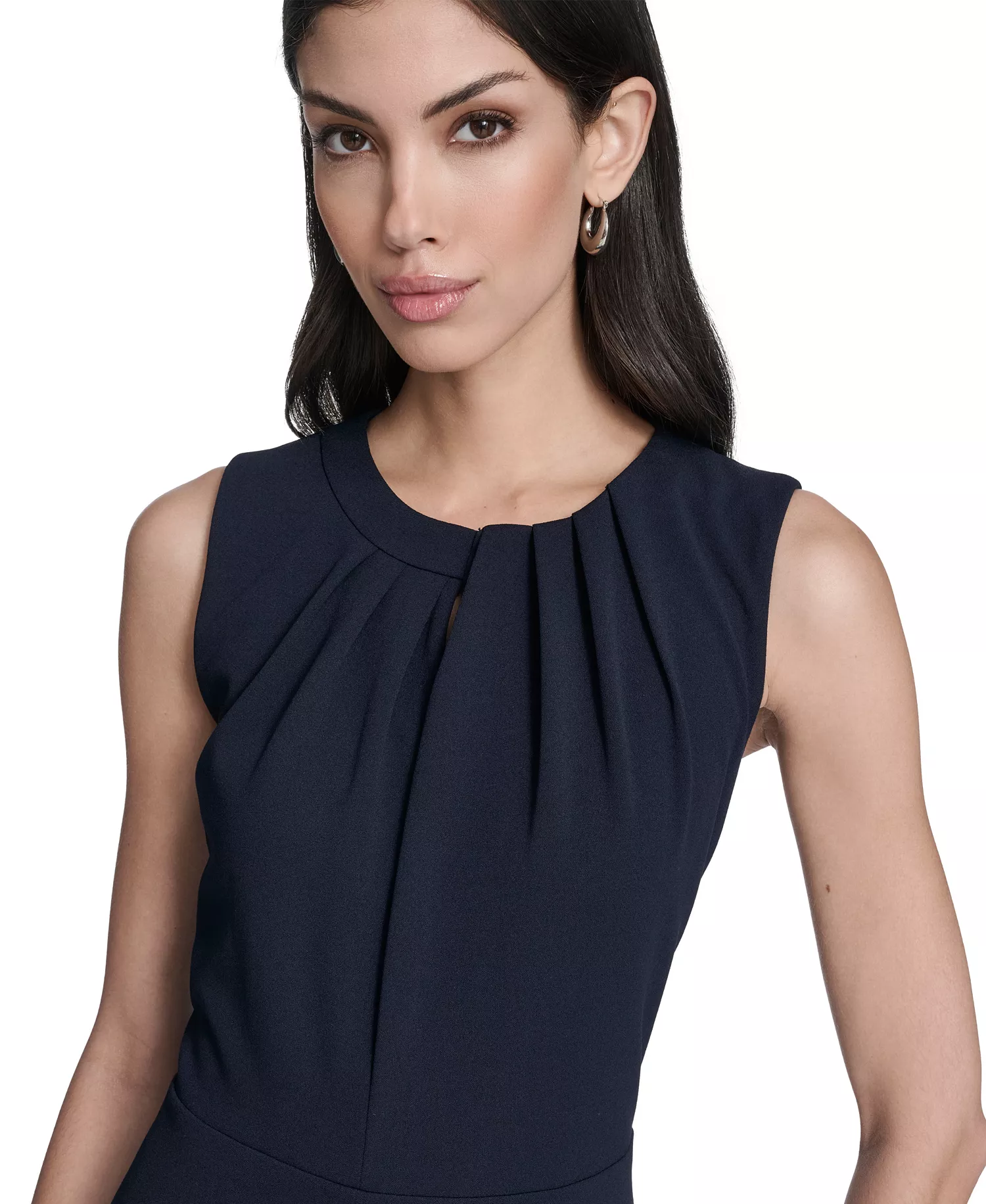Women's Pleat Detail Crew Neck Midi Dress - Indigo - 10