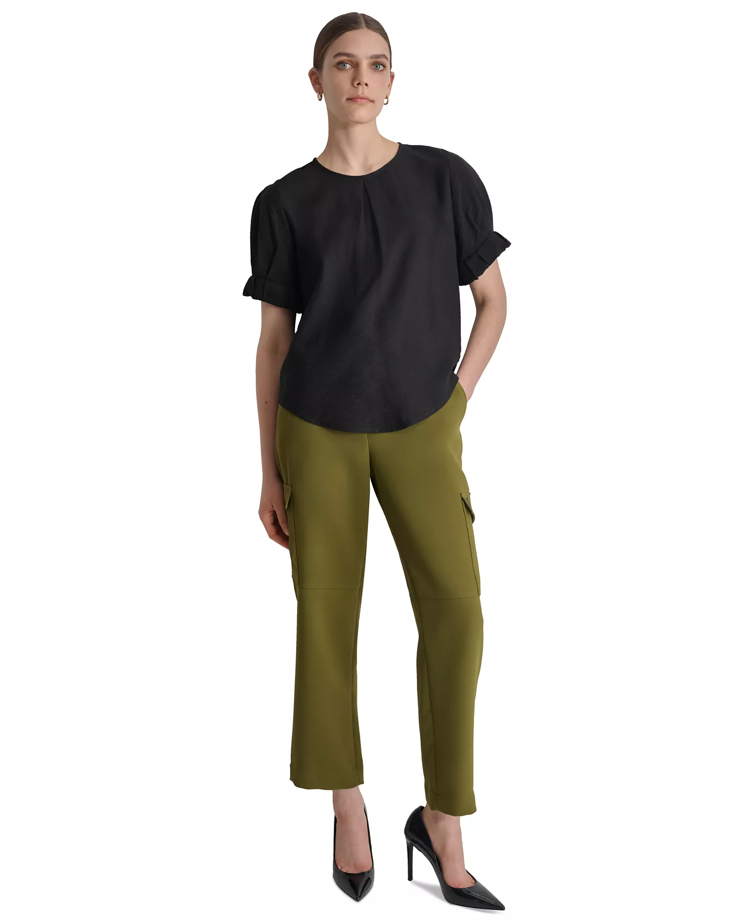 Women's Puff-Sleeve Pleated Blouse - Black - XS