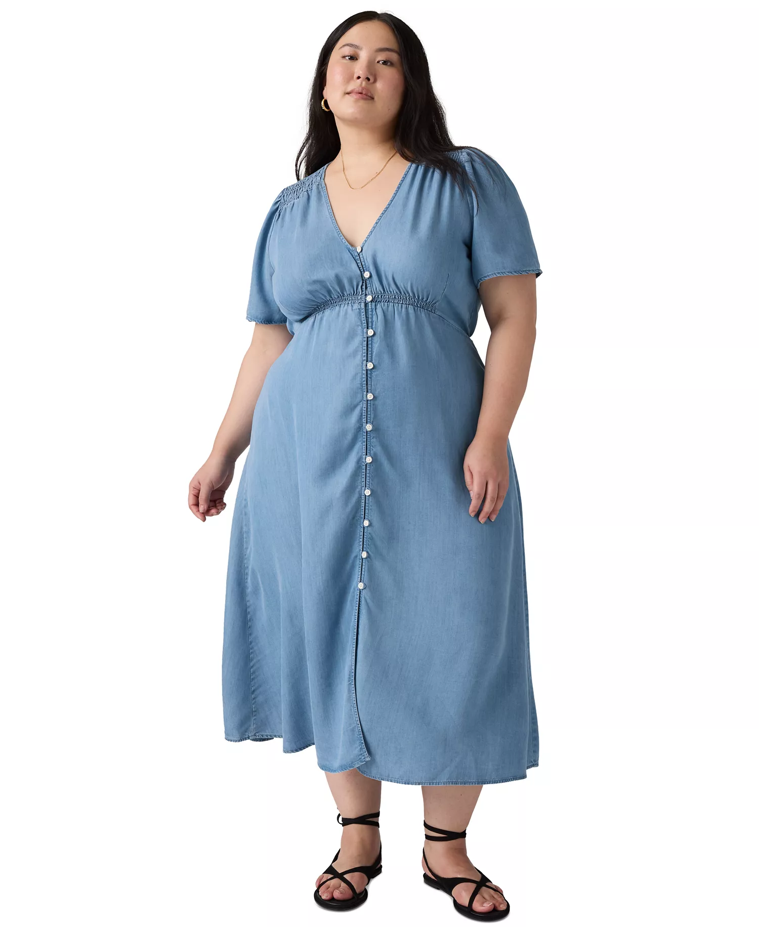 Plus Size V-Neck Short-Sleeve Midi Dress - Blue - 1X