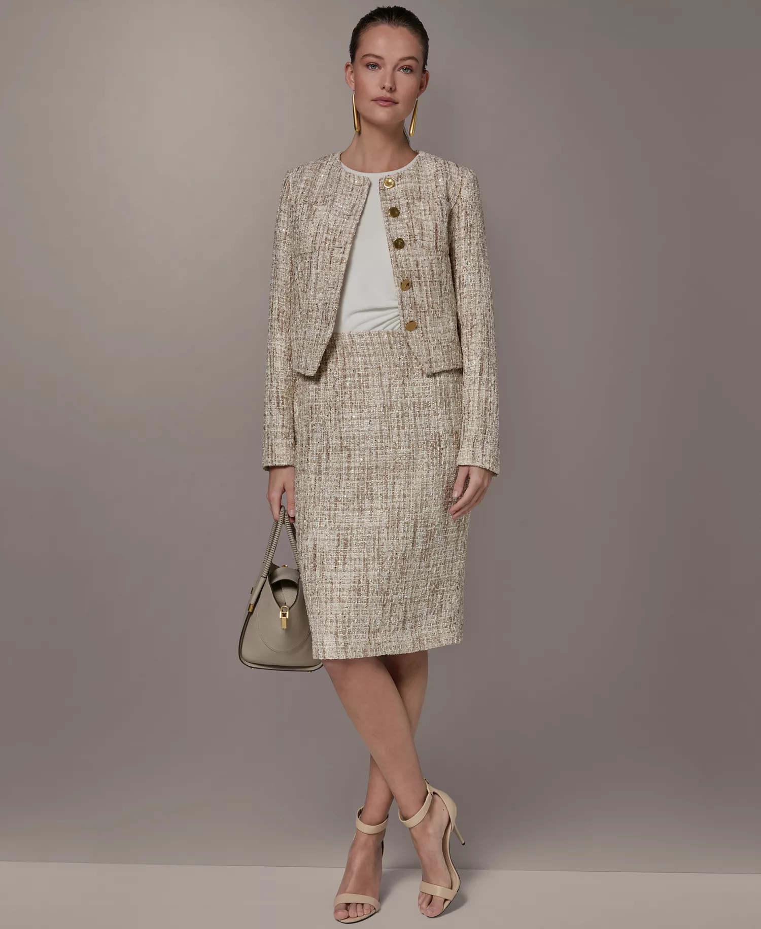 Petite Button-Front Cropped Jacket - Dark Cream Multi - 0P