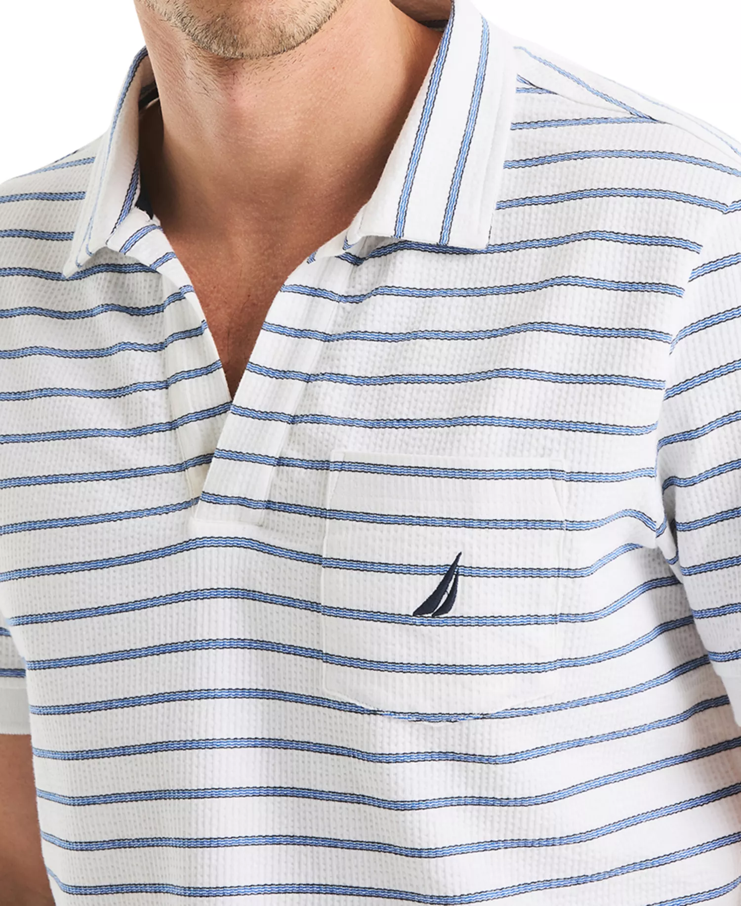 Men's Classic-Fit Stripe Seersucker Johnny Collar Pocket Polo Shirt - Bright White - 2XL