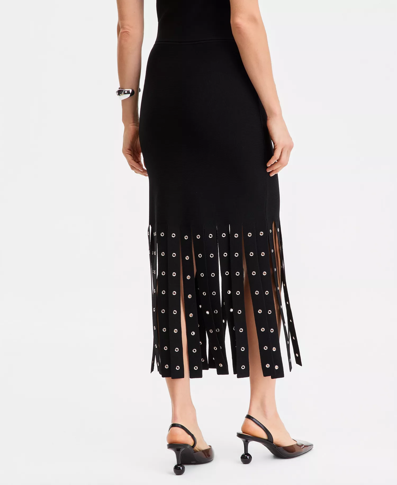 Women's Grommet & Fringe Sweater Skirt - Black - L