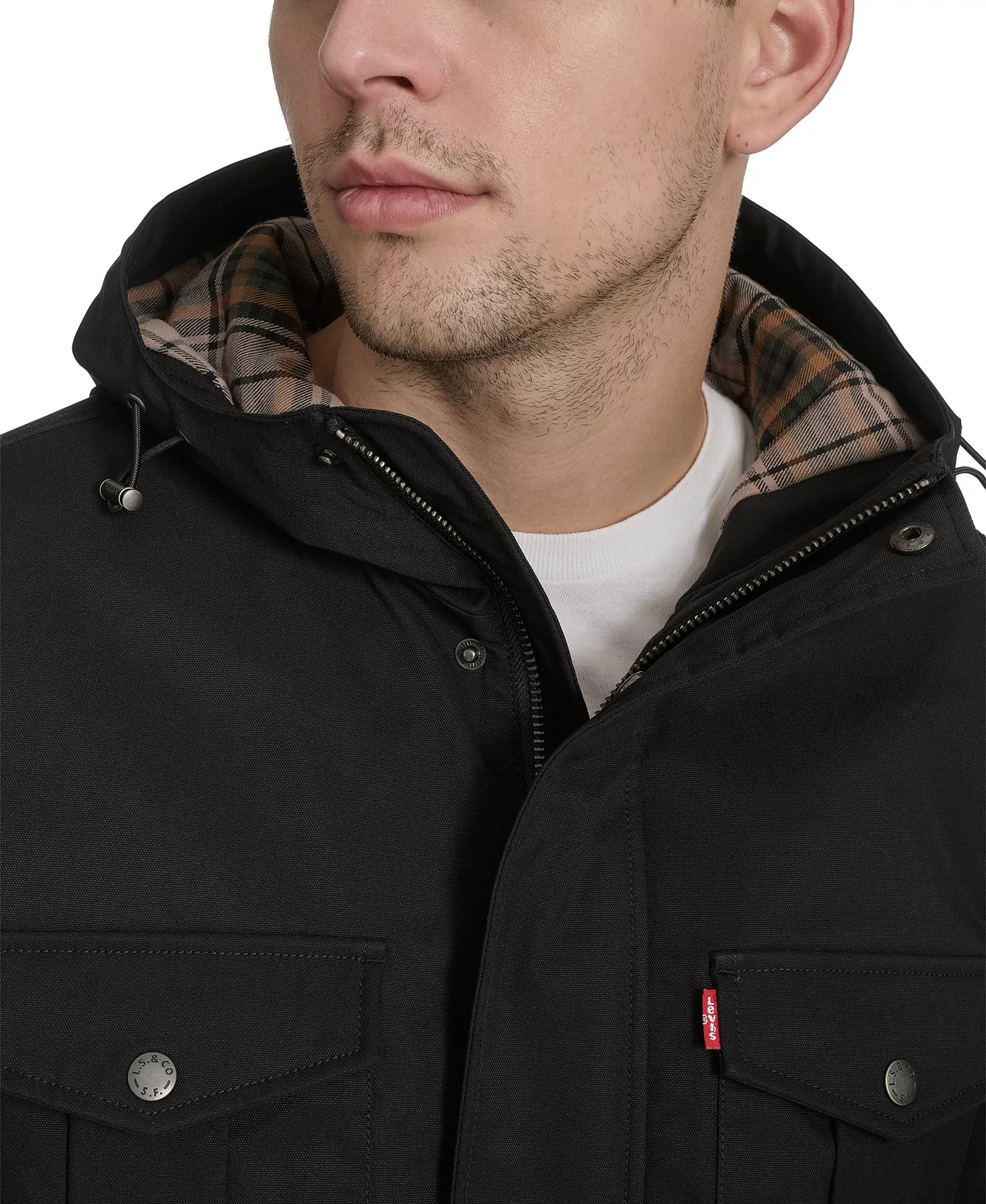Men's Field Parka with Plaid Lining Jacket - Black - 2XL