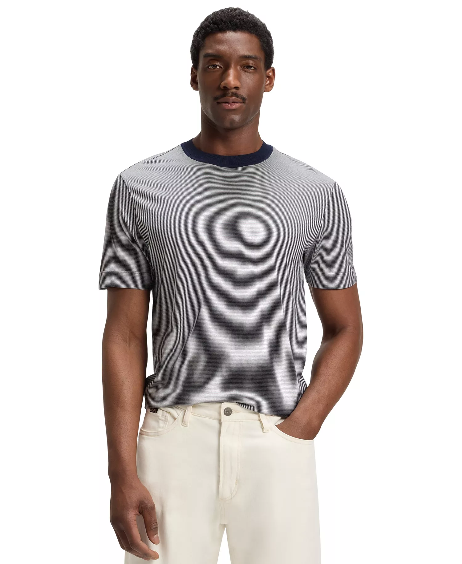 Men's Fineline Stripe Cotton-Silk T-Shirt - Dark Blue - XXL