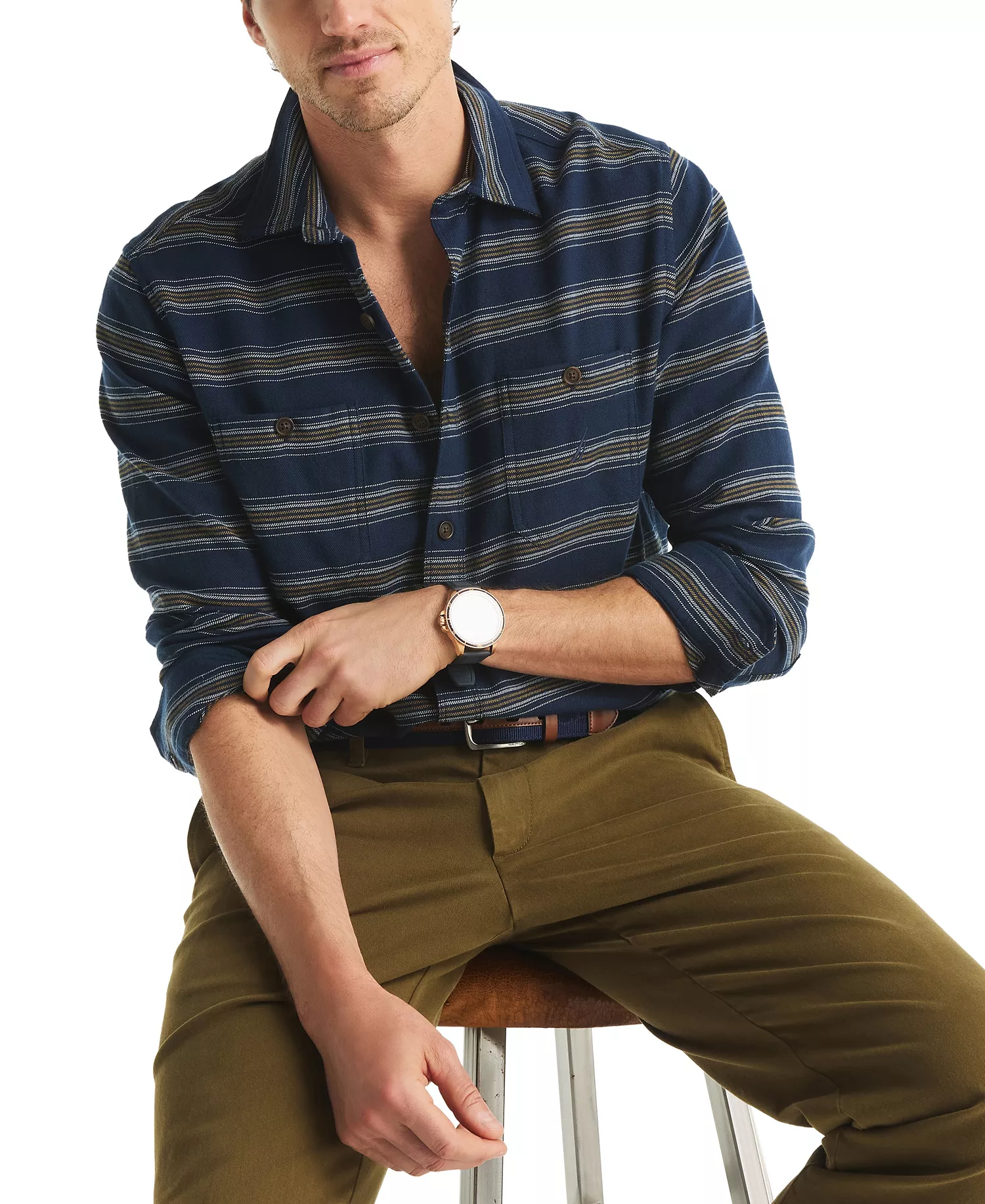 Men's Plaid Straight Collar Shirt - Navy Seas - 2XL