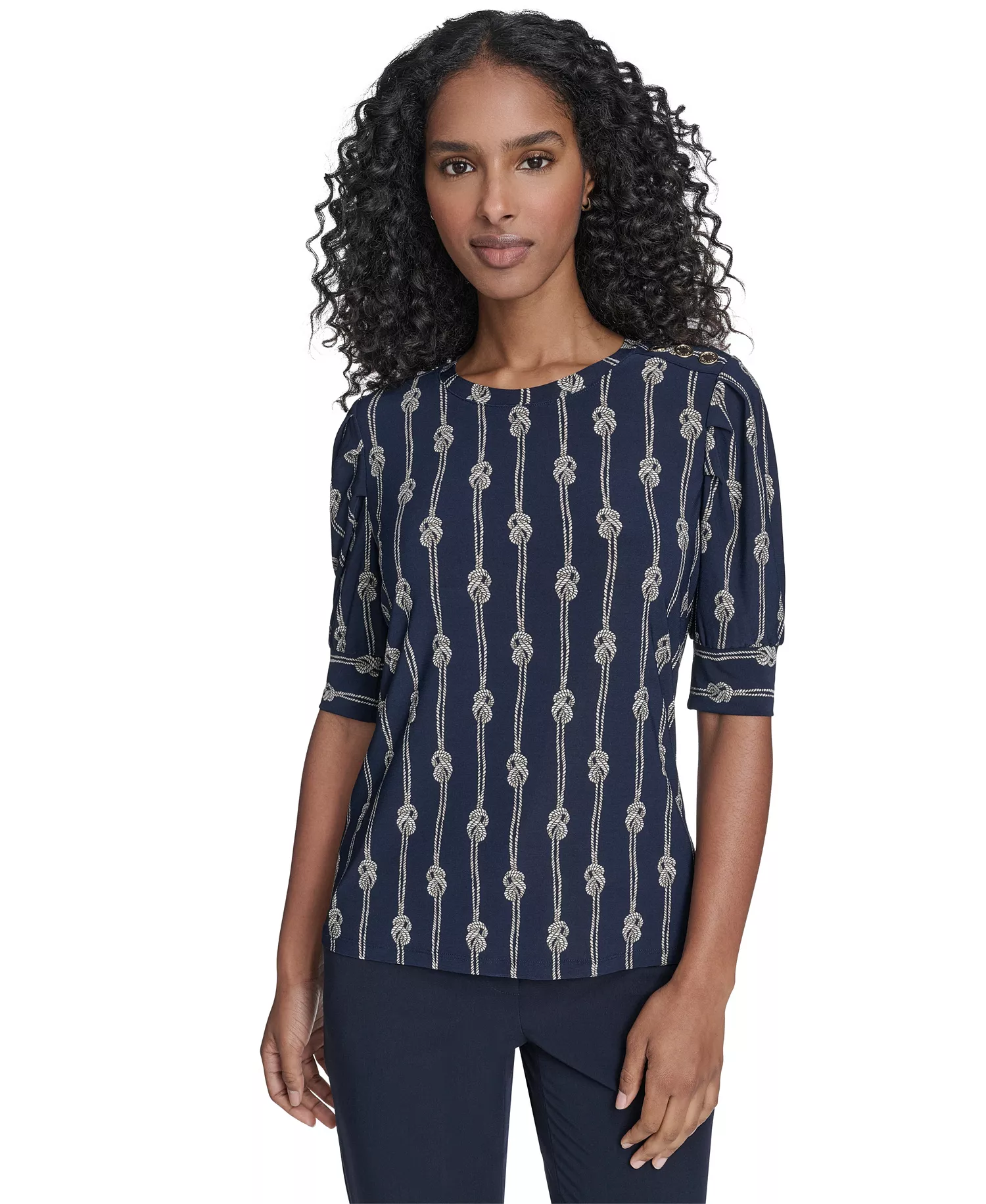 Women's Rope Knot Short Sleeve Crewneck Top - Midnight Multi - L