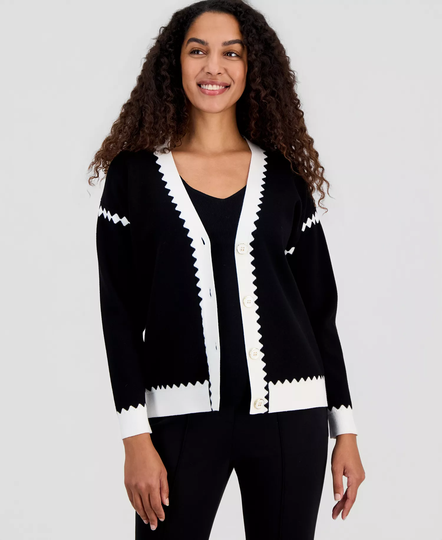 Women's Colorblocked V-Neck Button Cardigan - Black / White Star - L