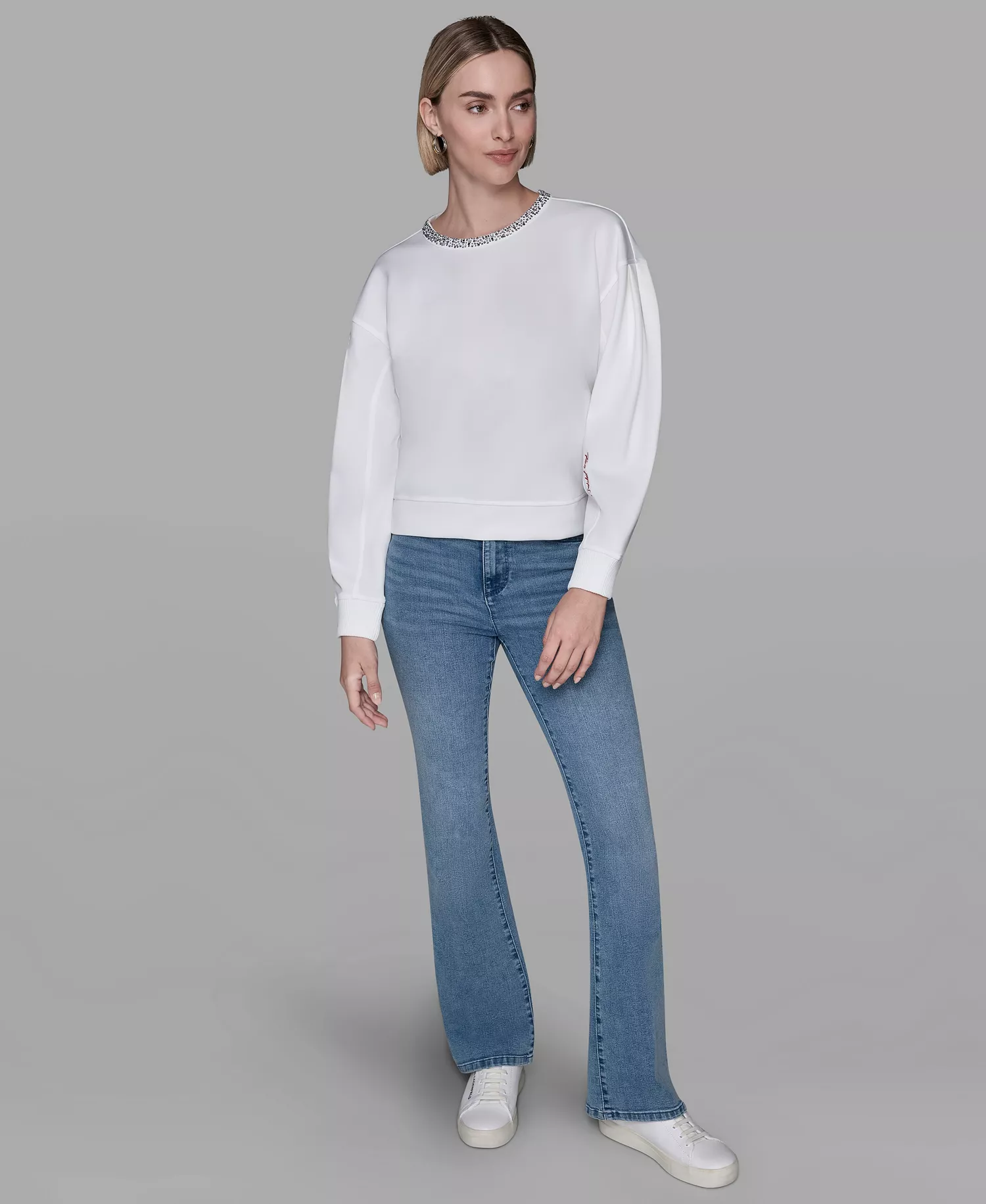 Women's Crewneck Crystal Neck Top - Soft White - L