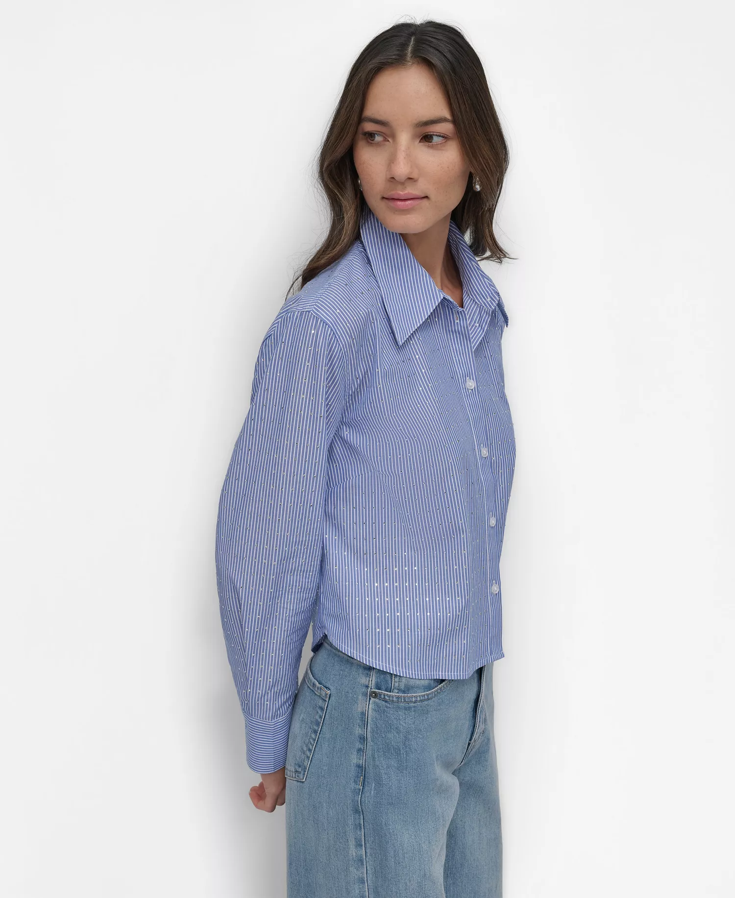 Women's Striped Poplin Studded Rhinestone Cotton Long-Sleeve Button-Front Shirt	  - Blue Bell Combo - L