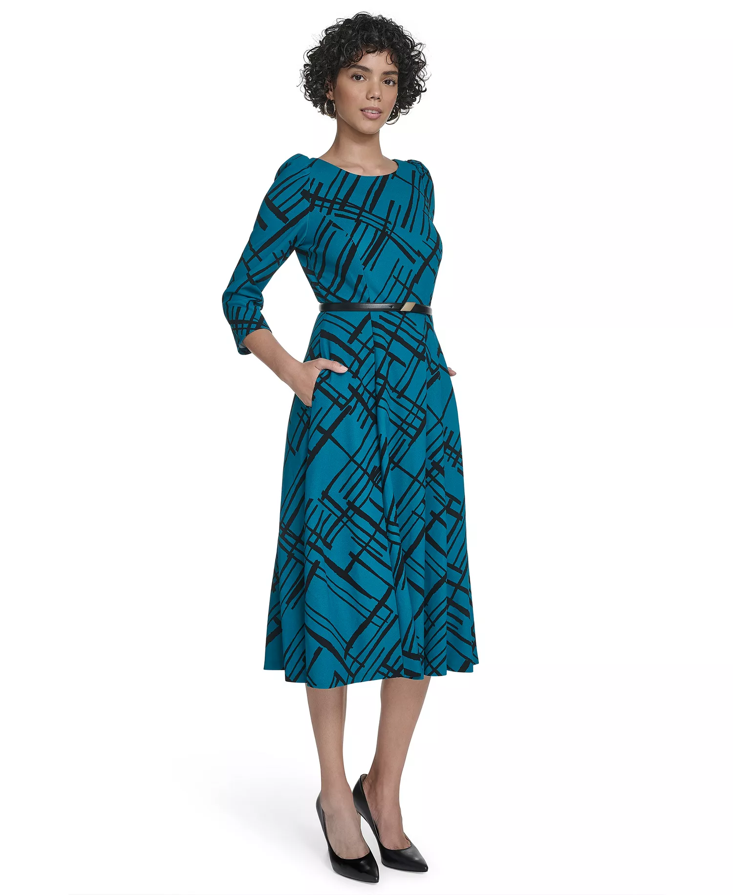 Women's Belted Plaid Midi Dress - EMERALD/BLACK - 14