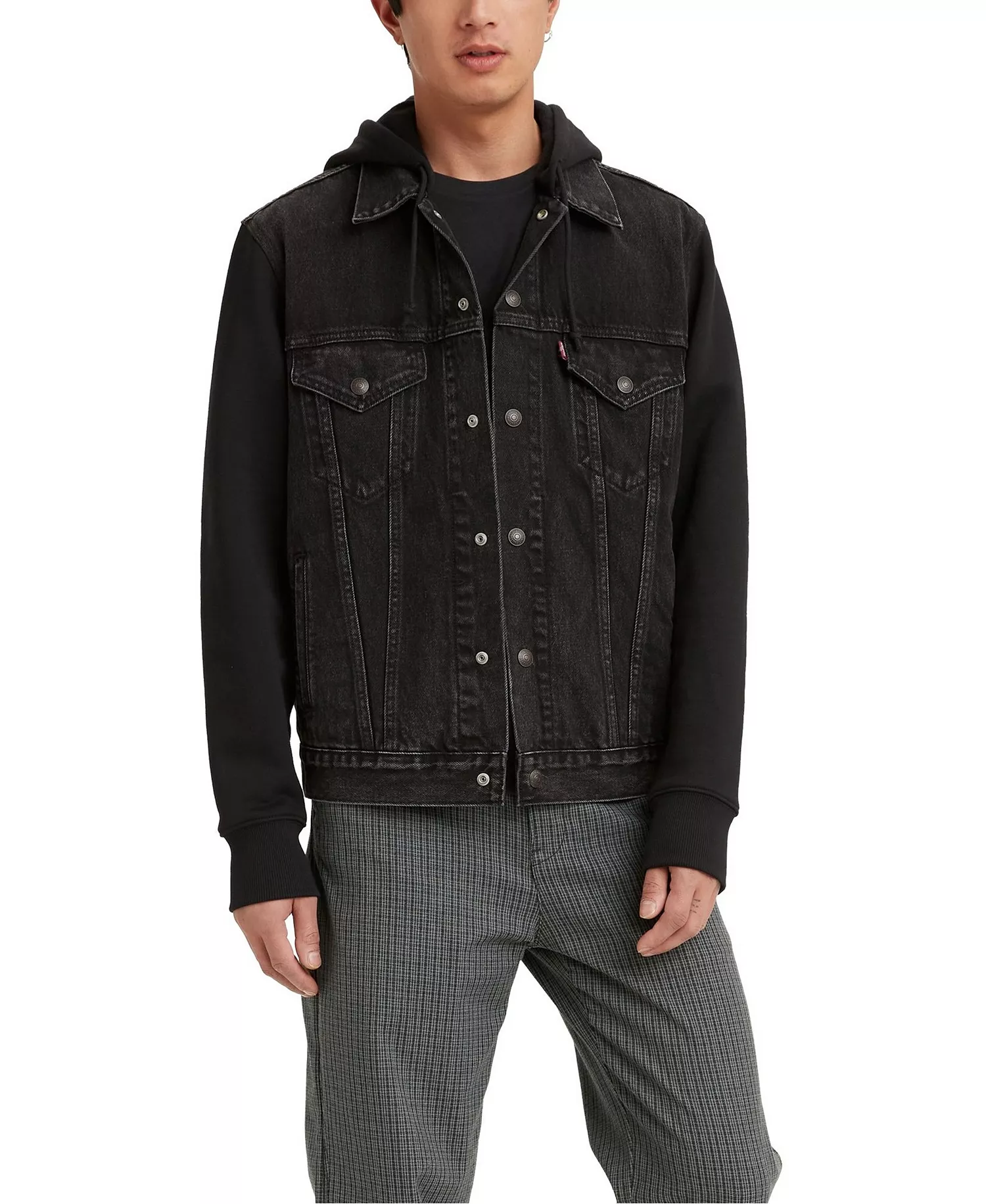 Men's Hybrid Hoodie Non-Stretch Denim Trucker Jacket - Built To Last - L