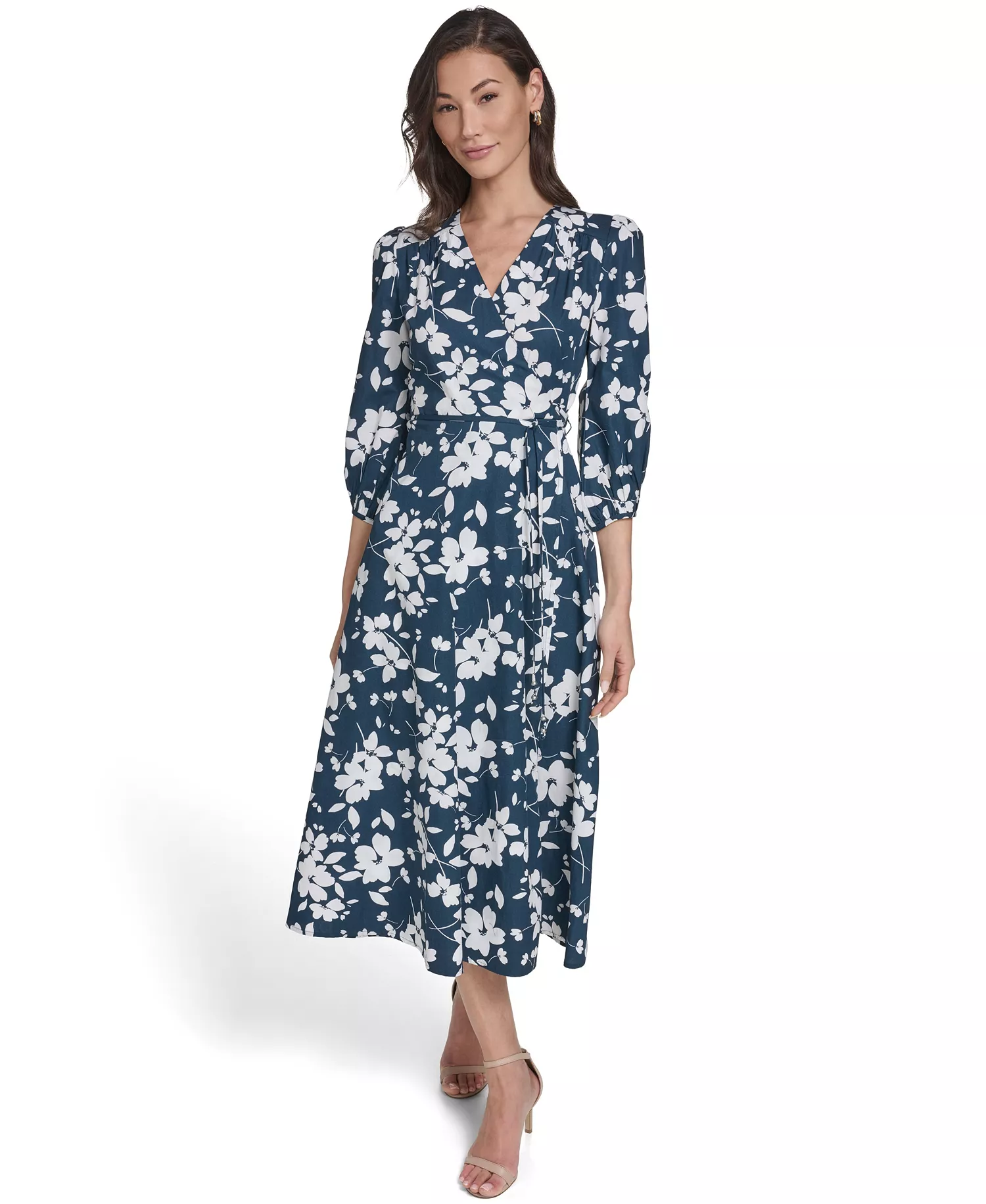 Women's Faux Wrap V-Neck Midi Dress - Indigo Cream - 10