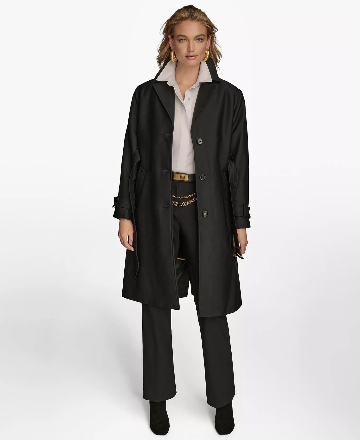 Women's Single-Breasted Belted Trench Coat - Black - L