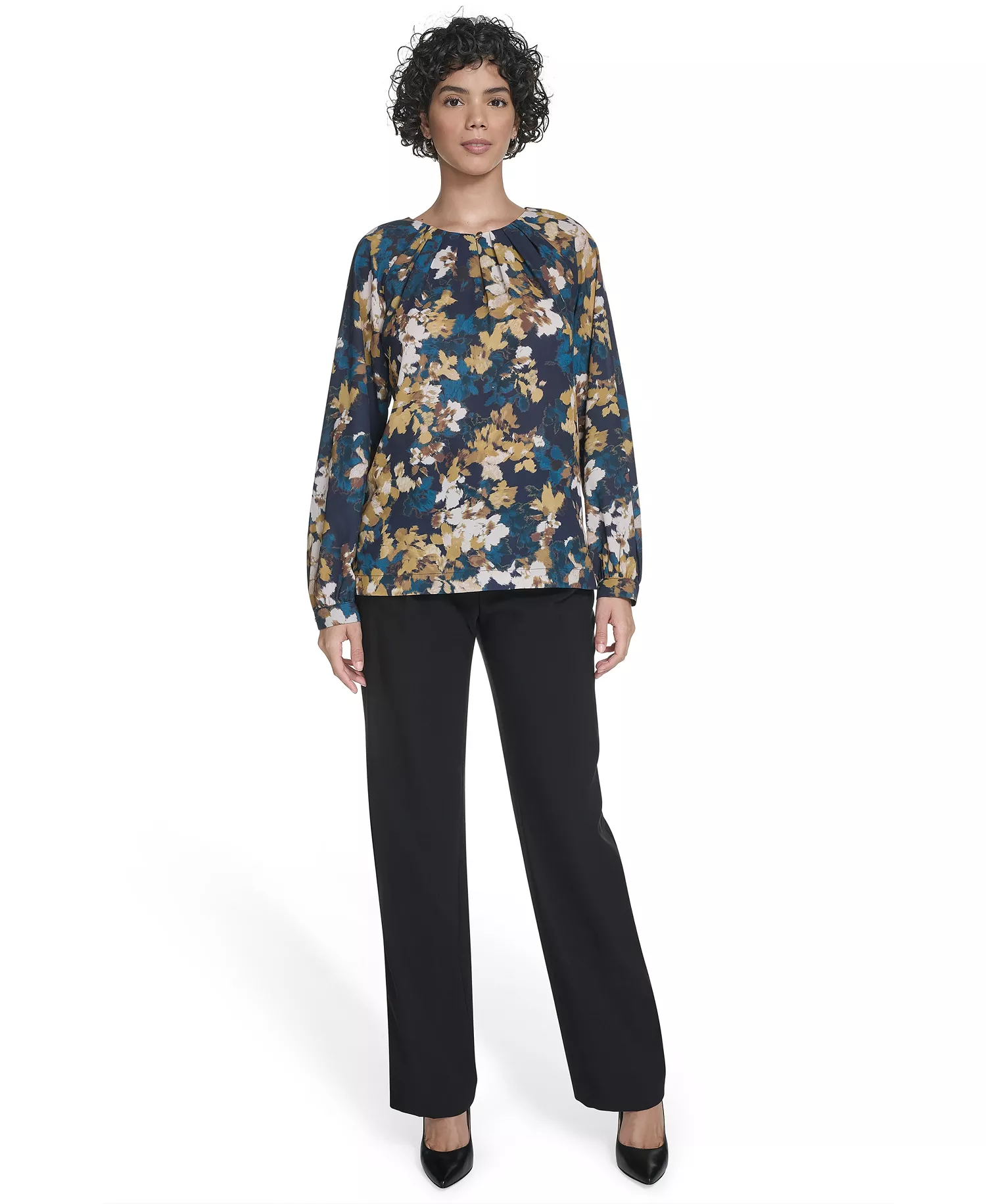 Women's Long Sleeve Keyhole Blouse - Navy Multi - XS