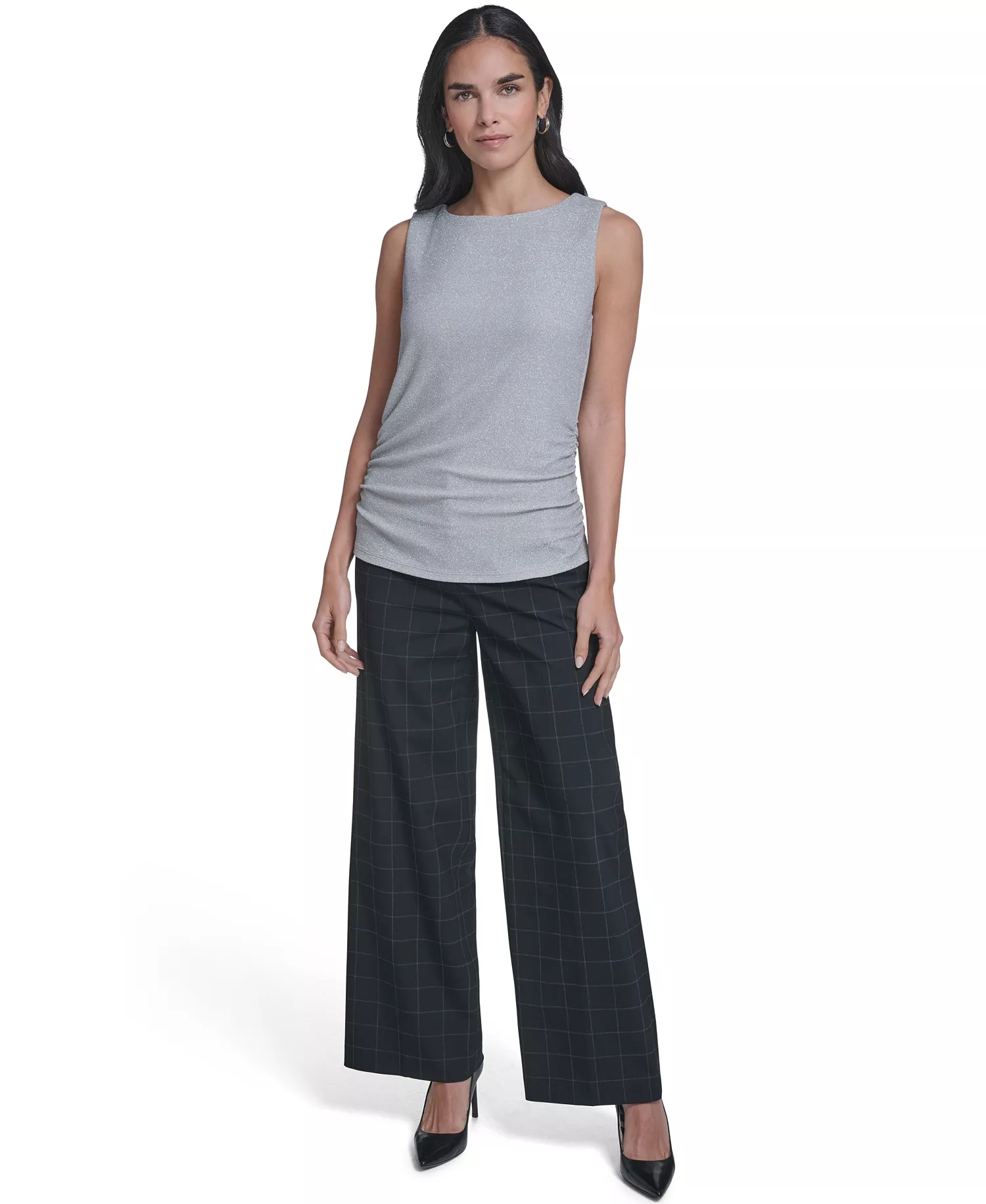 Women's Novelty Boat Neck Ruched Top - Silver gray - L
