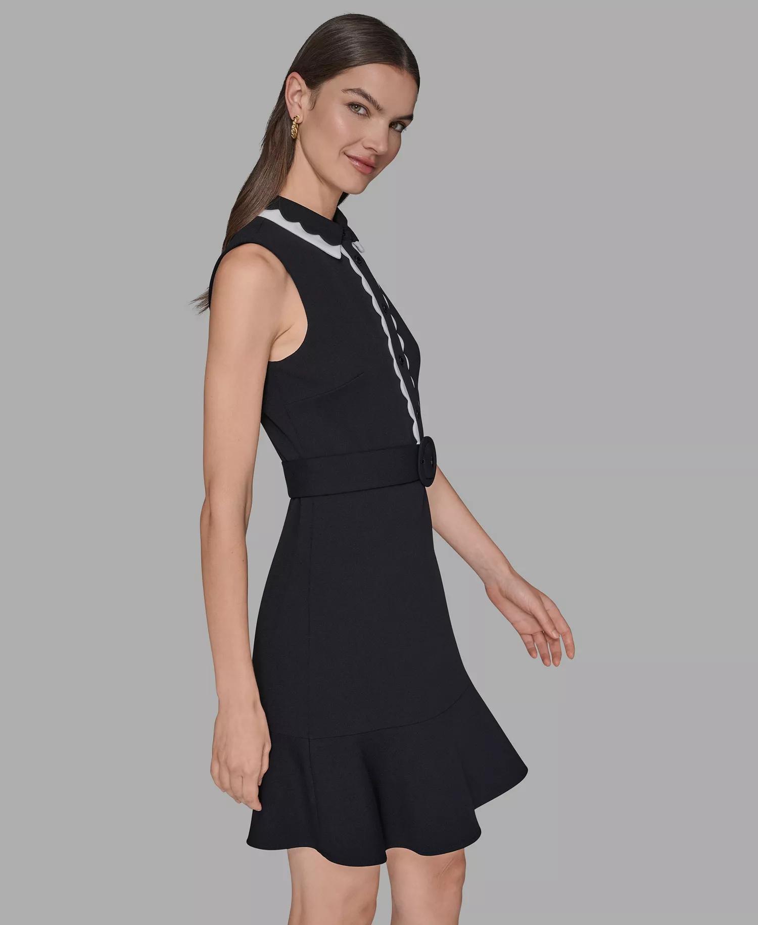 Women's Belted Collared A-Line Dress - Blk/sft Wt - 10
